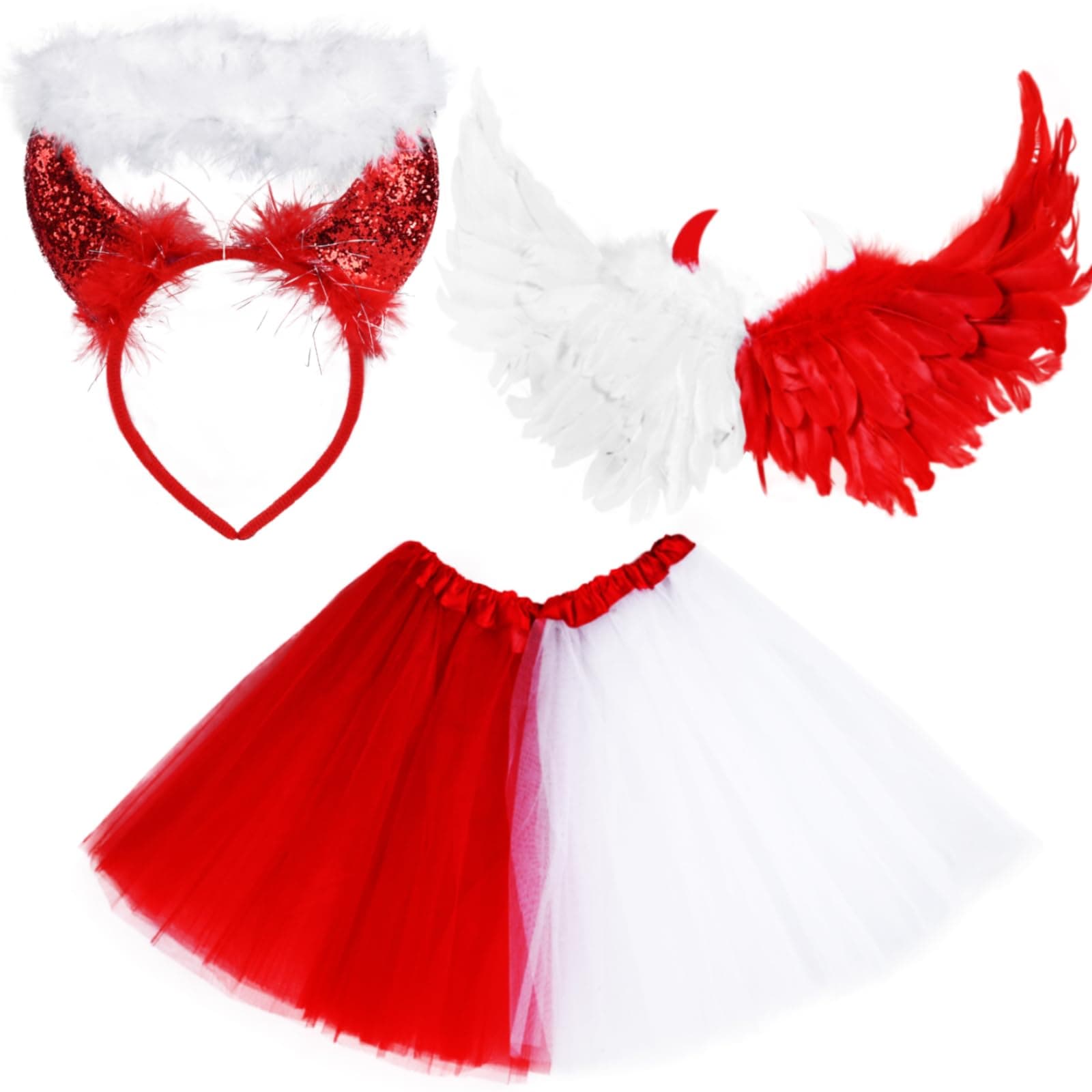 Kavoc 3 PCS Devil and Angel Dual Costume for Women Girls Half Angel Half Devil Costume for Halloween Party Dress Up