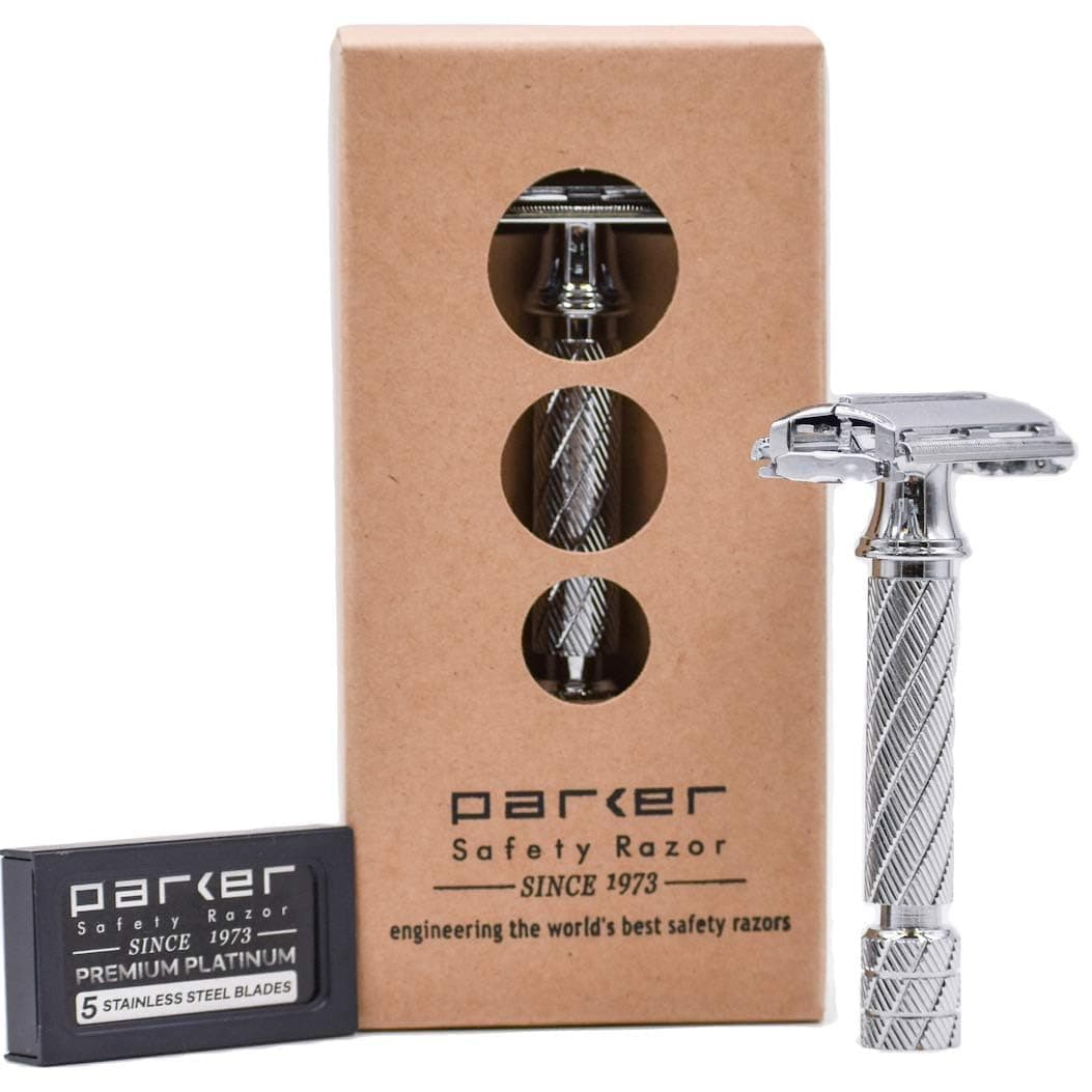 Parker 87R Butterfly Open Double Edge Safety Razor - Traditional Short Handle - 5 Premium Blades Included