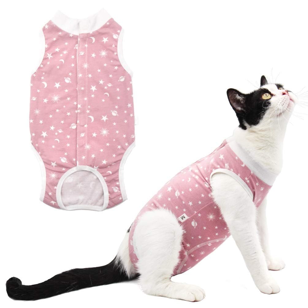 Due Felice Cat Professional Surgical Recovery Suit for Abdominal Wounds Skin Diseases, After Surgery Wear, E-Collar Alternative for Cats Dogs, Home Indoor Pets Clothing Pink Star S