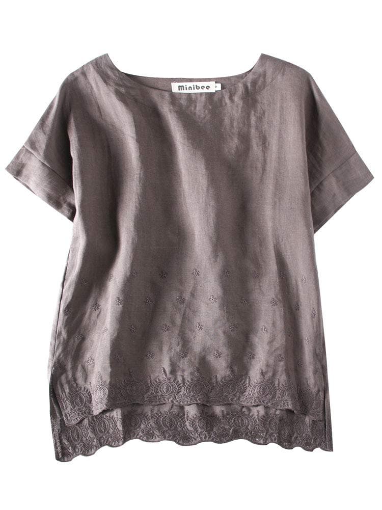 MinibeeWomen's Summer Linen Tunic Shirt High Low Hem Embroidery Blouse Top