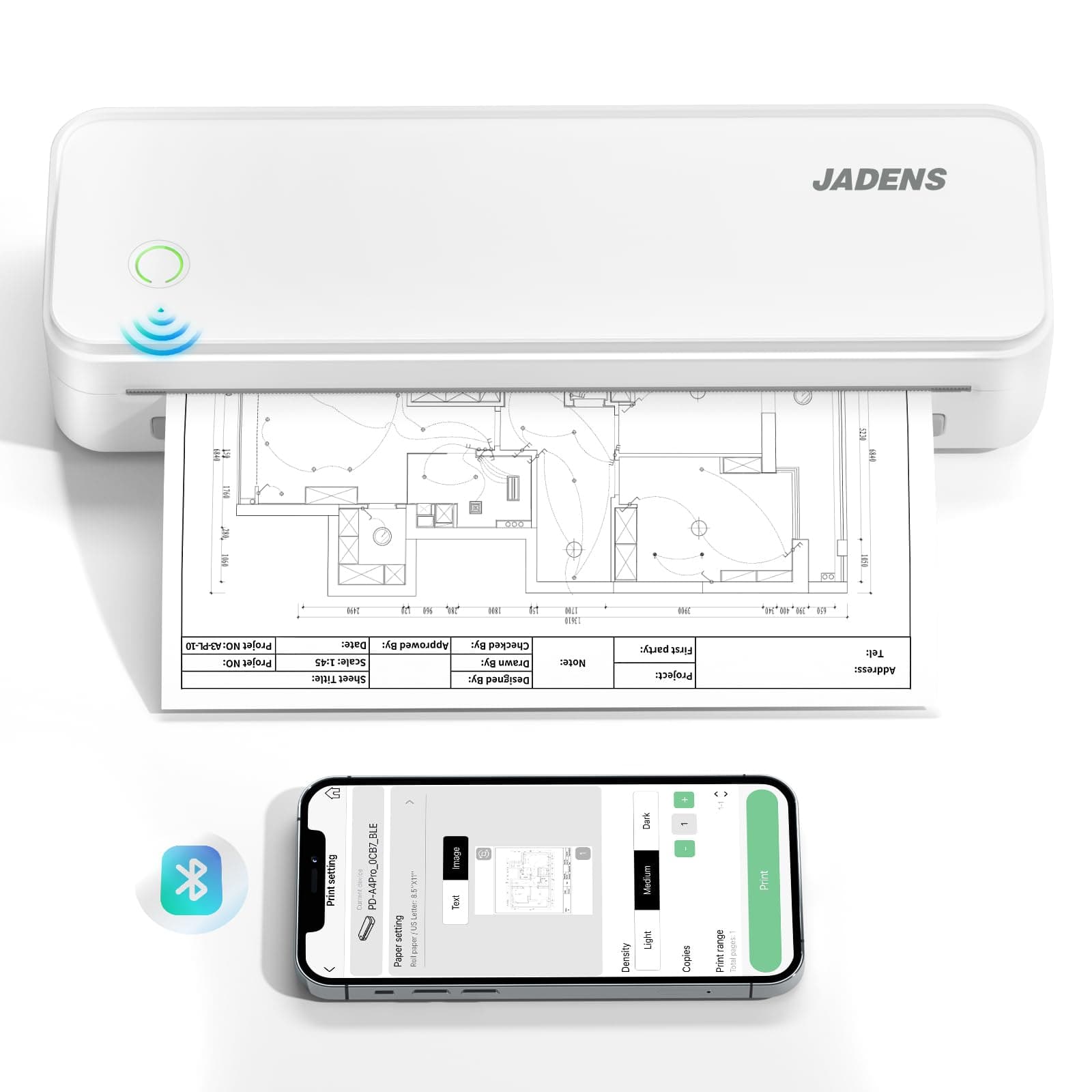 JADENS Portable Printers Wireless for Travel, Thermal Inkless Printer, Support 8.5" X 11" Thermal Paper, Compatible with iOS, Android & Laptop