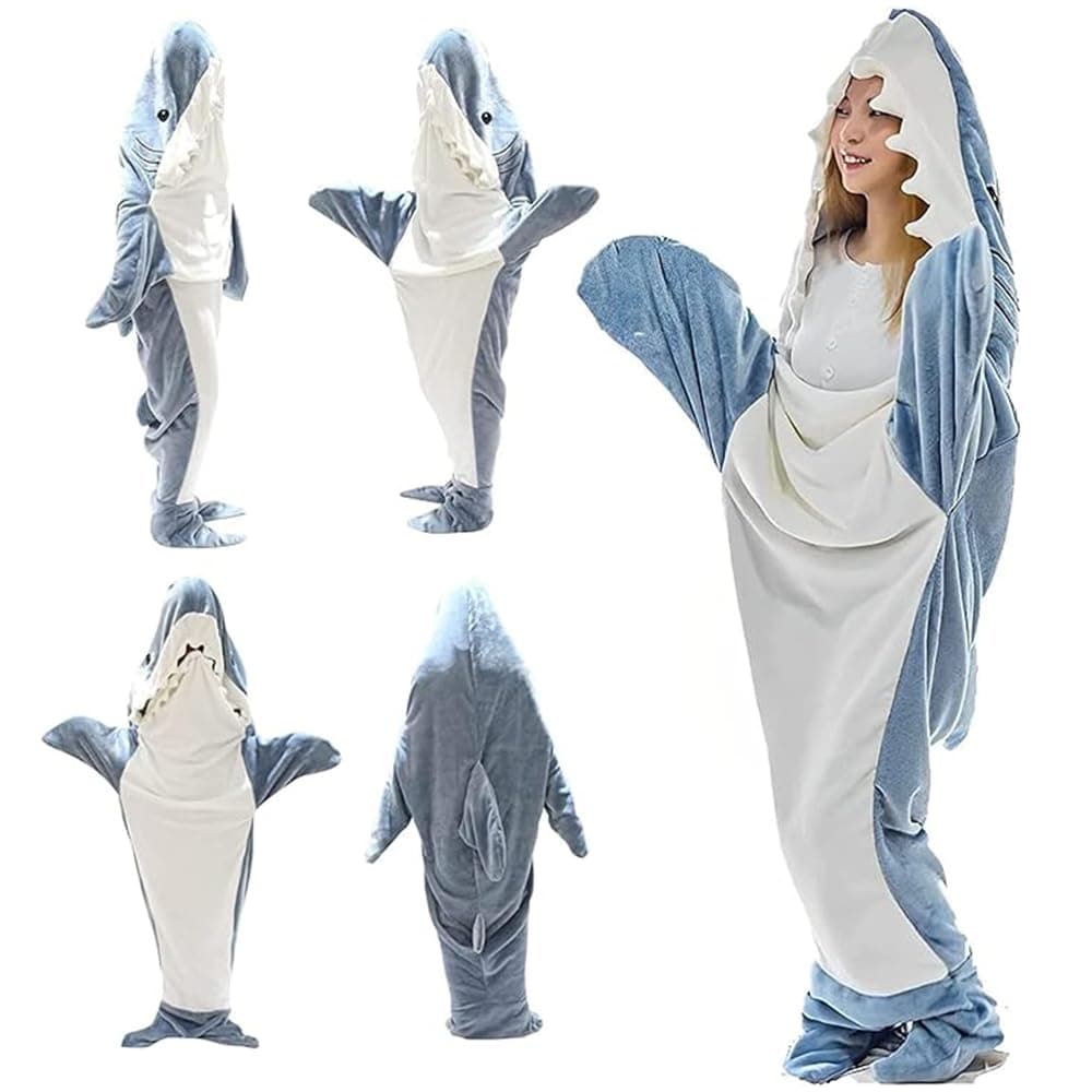 Shark Blanket Hoodie, Super Soft Cozy Flannel Wearable Shark Blanket Onesie, Shark Blanket Cosplay Costume Gifts for Adults Teens Boys Girls, Blue and White