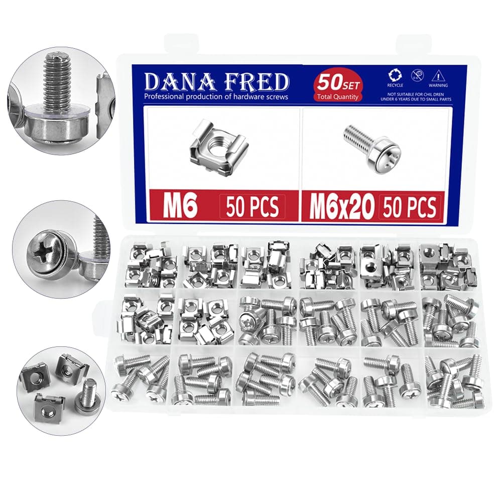 50 Sets M6 Rack Screws Cage Nuts Kit,Cage Nut Mounting Screw Bolts Washers Metric Square Hole Hardware for Rack Mount Server Shelves Cabinets Assortment Kit 304 Stainless Steel M6X20
