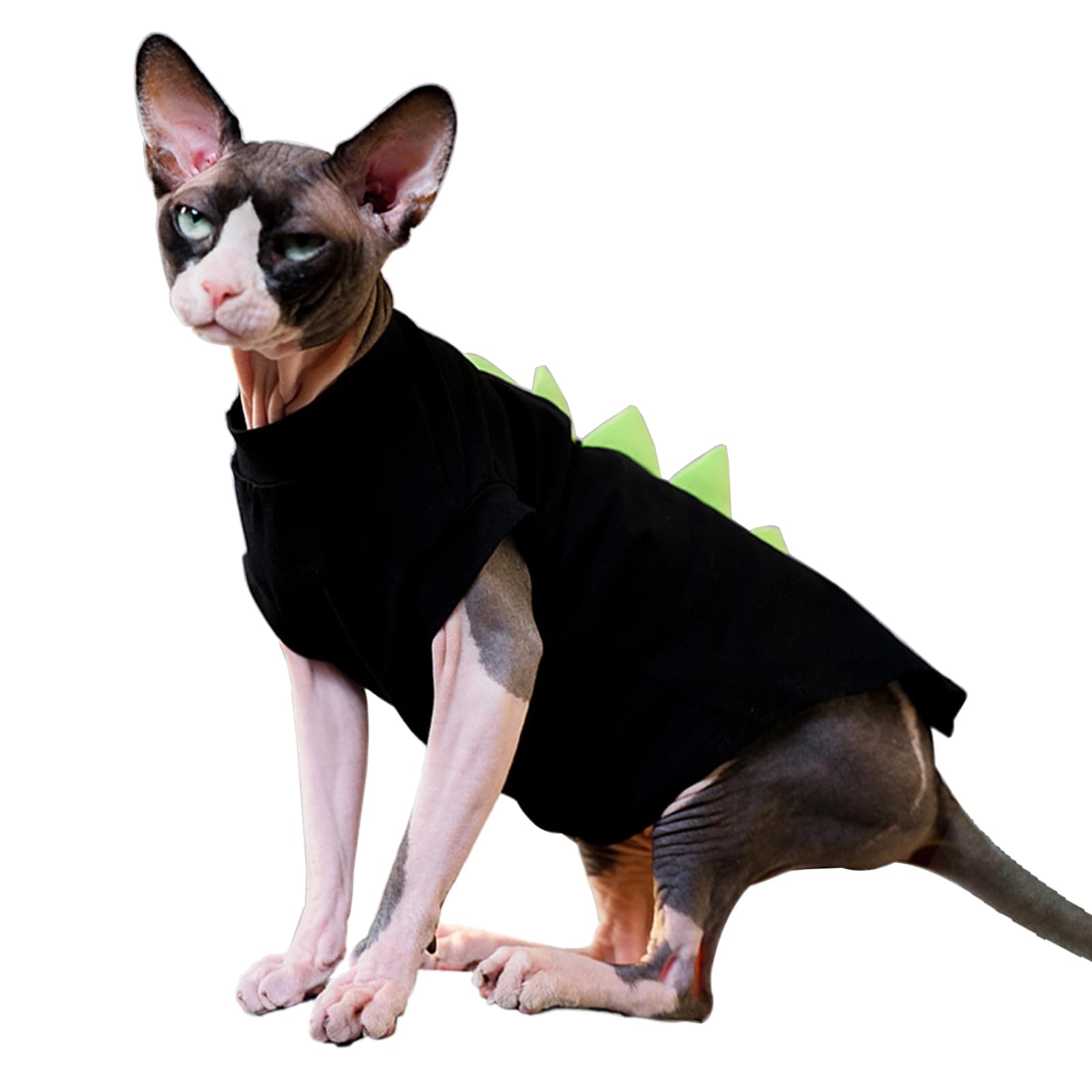 DENTRUN Sphynx Cat Clothes, Cute Dinosaur Design Hairless Cat Costume, Breathable Cotton Shirts Cat Clothes for Cats Only, Round Collar Kitten Daily T-Shirts with Sleeves, Cats Funny Cosplay Apparel