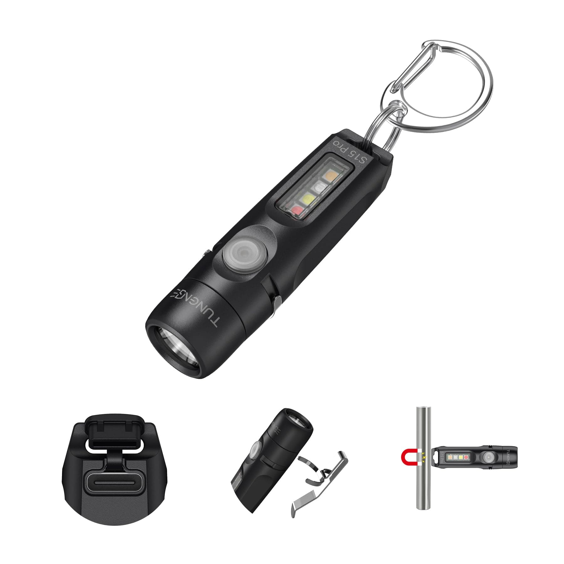 S15Pro Keychain Flashlight, 750 High Lumens EDC Pocket Flashlight with Clip USB C Rechargeable Mini Flashlight with Magnet, Ideal for Hiking, Camping, and Repair (Black)