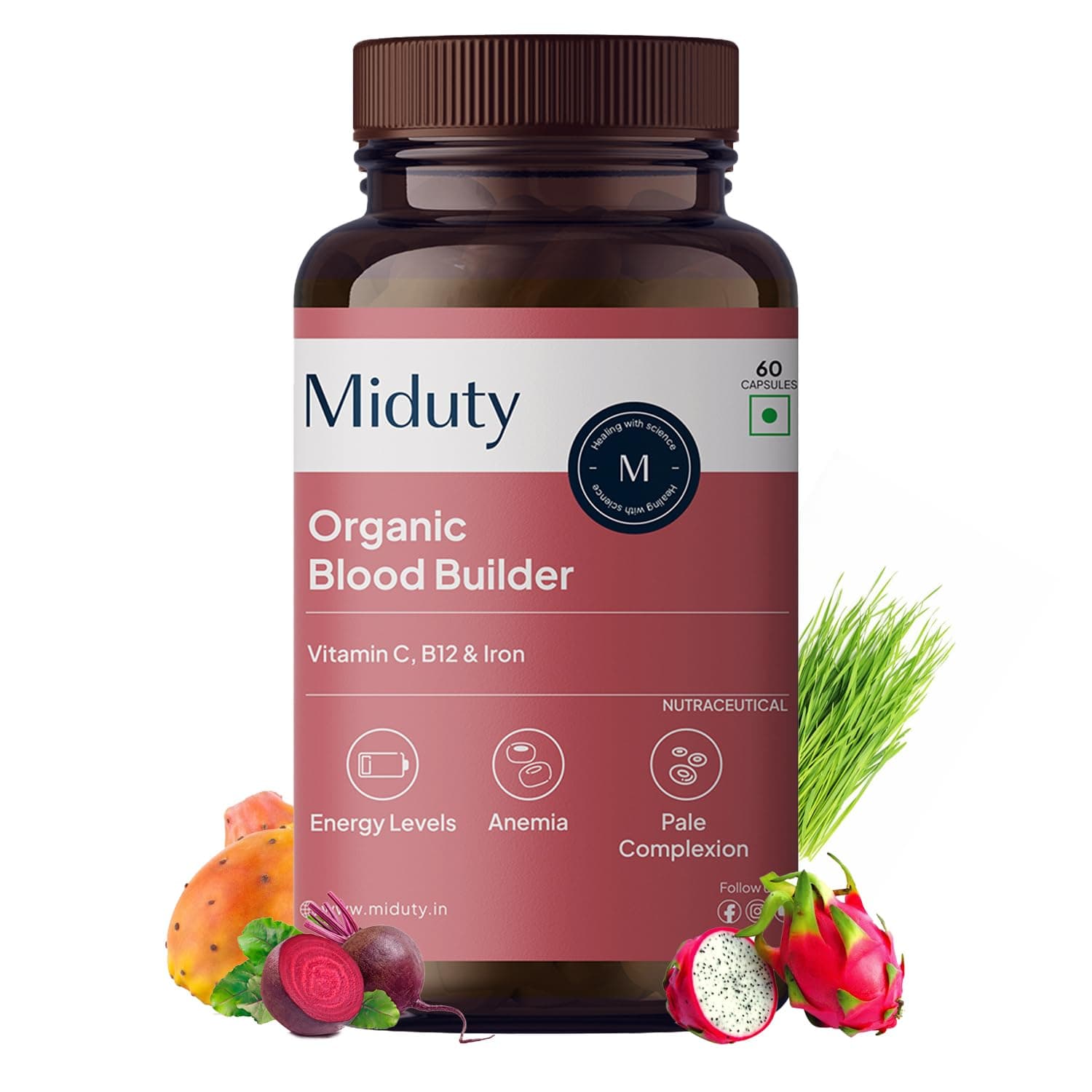 Miduty Organic Blood Builder | Anemia Supplement with Green Amla, Barley Leaves, Beet Root - | Iron Supplement | Hemoglobin Booster | Pack - 60 Capsules