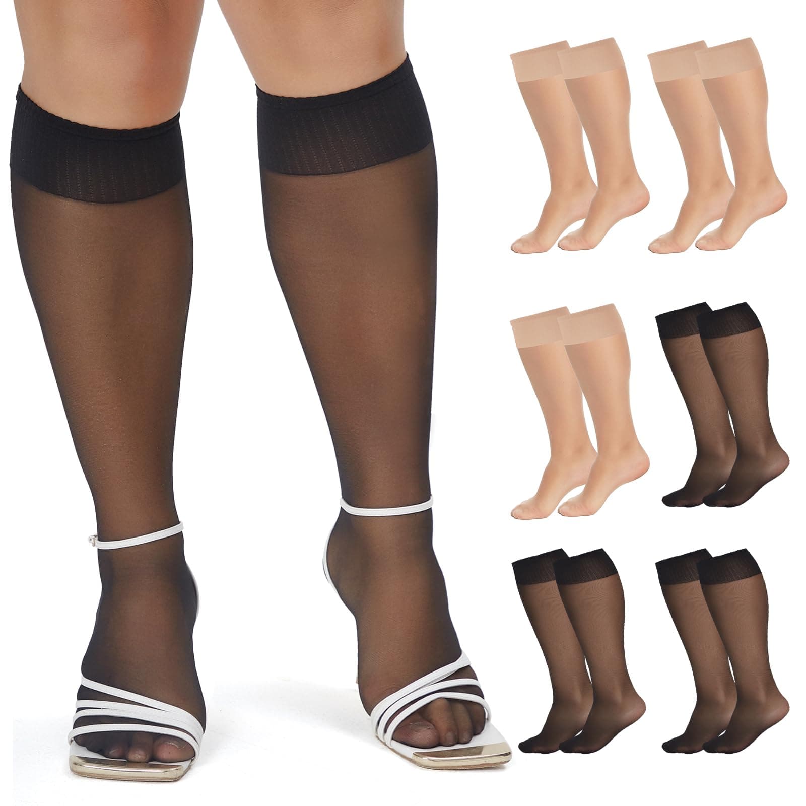 6 Packs Plus Size Knee High Sheer Stockings for Women, Nylon Trouser Socks