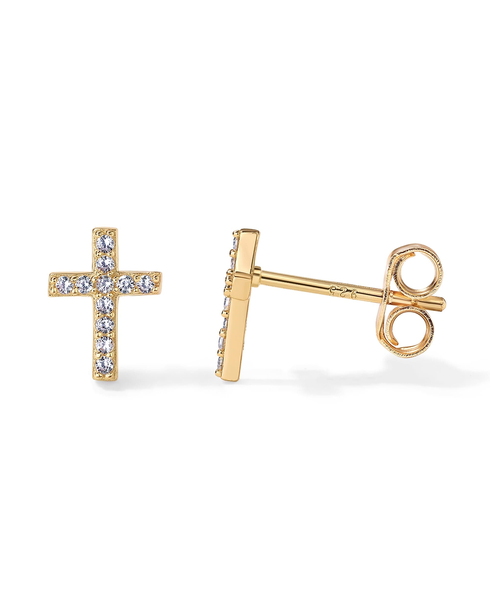 14K Gold Plated 925 Sterling Silver Posts Cross Earrings for Women | Small Religious Faith Cubic Zirconia Cross Studs Huggies Earrings