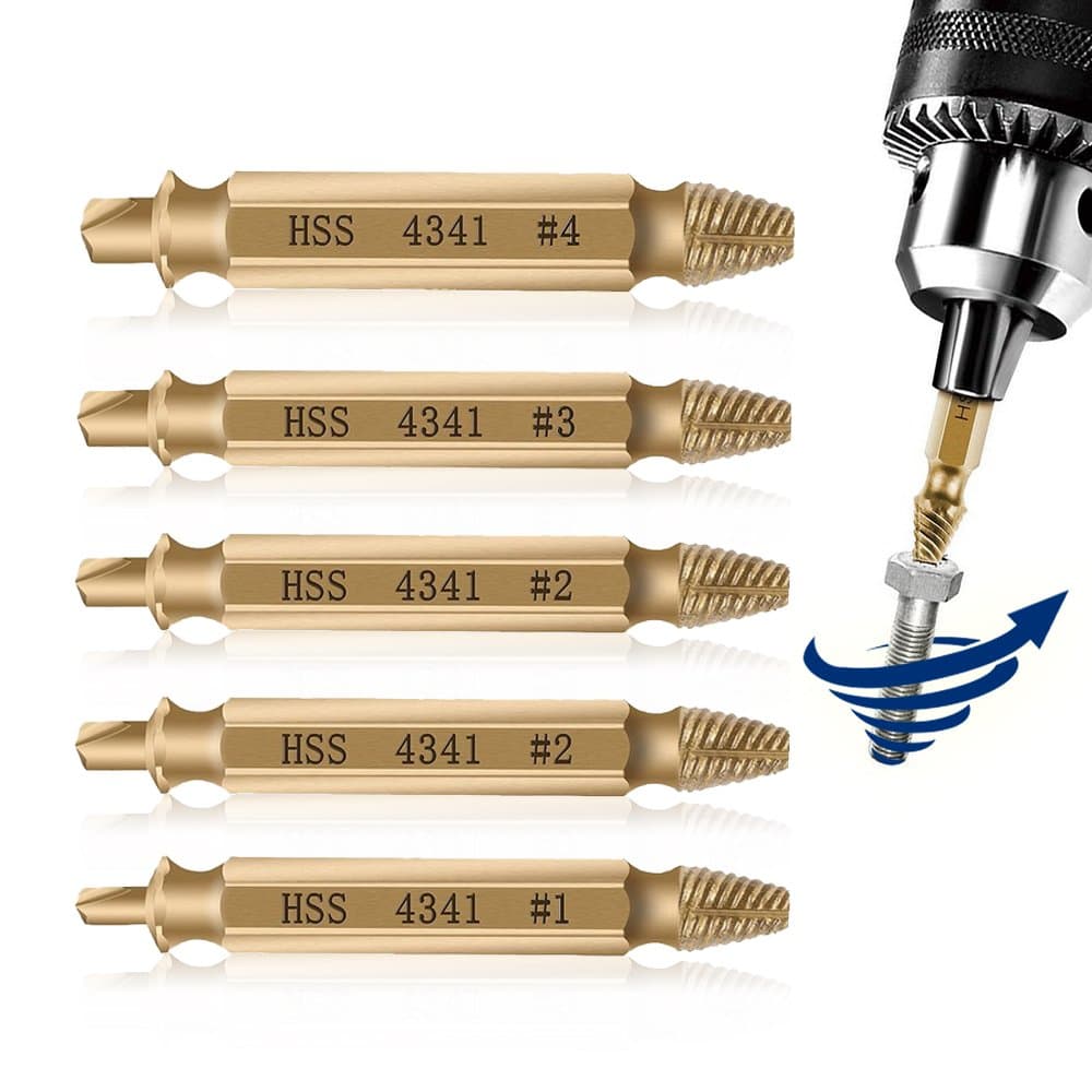 Damaged Screw Extractor and Remove Set, Easily Remove Stripped or Damaged Screws. Made from H.S.S. 4341#, The Hardness is 62-63hrc, Set of 5 Stripped Screw Removers