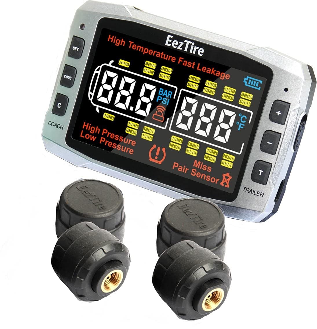 EEZTire-TPMS Pro (518C) Tire Pressure and Temperature Monitoring System with 3.5" Color Display + 4 AT Sensors, Not Compatible with Our Previous Models T515, E518, E618 Systems