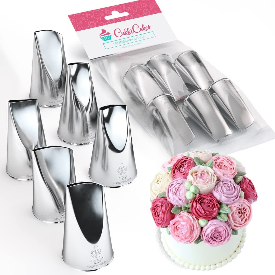 Set of 6 Professional Flower Piping Tips (124, 120, 122, 124k, 125k, 126k), for Cupcake & Cake Decoration - Large Icing Tips/Frosting Nozzles Compatible with Pastry Bag - Made in Korea