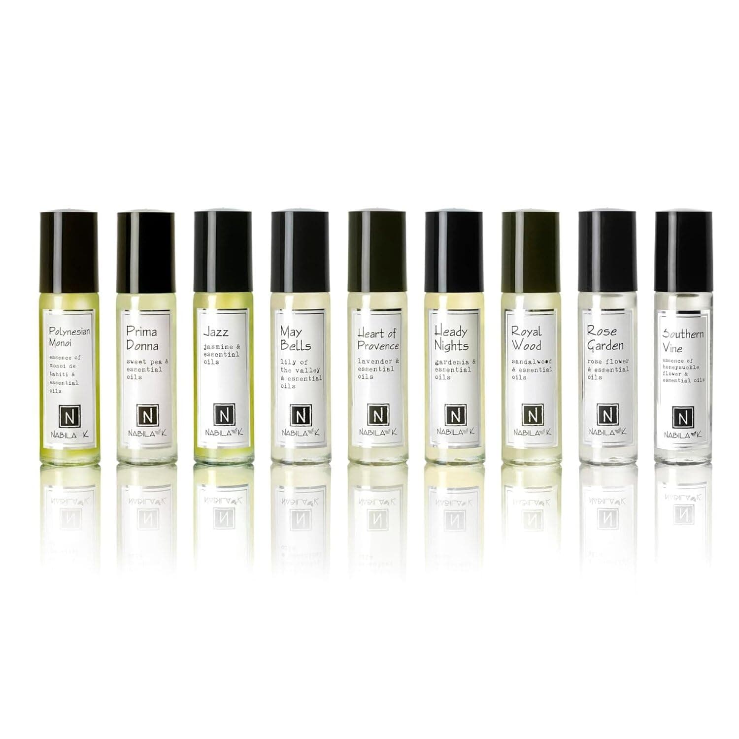 Nabila K Roll-on Perfume (Set of 9) with Essential Oils Alcohol-Free, All-Natural, Organic, Long-Lasting Fragrance - Travel-Size Perfume for Women - TSA Approved, 0.33 oz / 10 ml