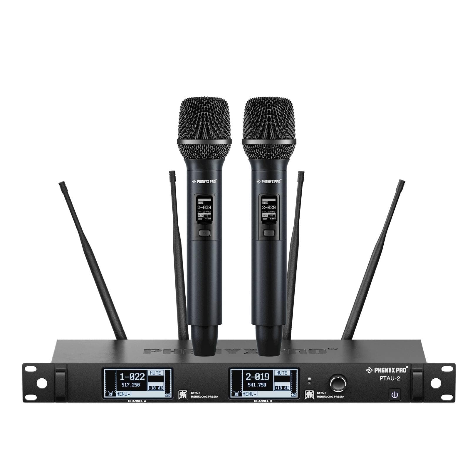 Dual-Channel Wireless Microphone System, Dynamic Mics w/ID Lock, Tunable Power Level, Auto Scan, Spectrum Analyzer, True Diversity Cordless Handheld for Singing, DJ, Karaoke (PTAU-2)