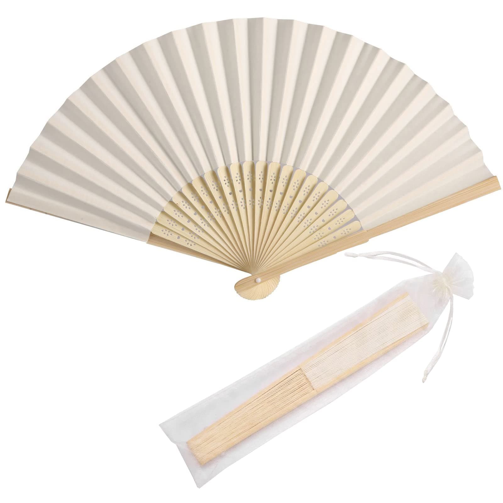 50pcs Paper Hand Fan with Gift Bags Bamboo Handheld Folded Fan Decorative Paper Fan Wedding Party Favors (Cream)