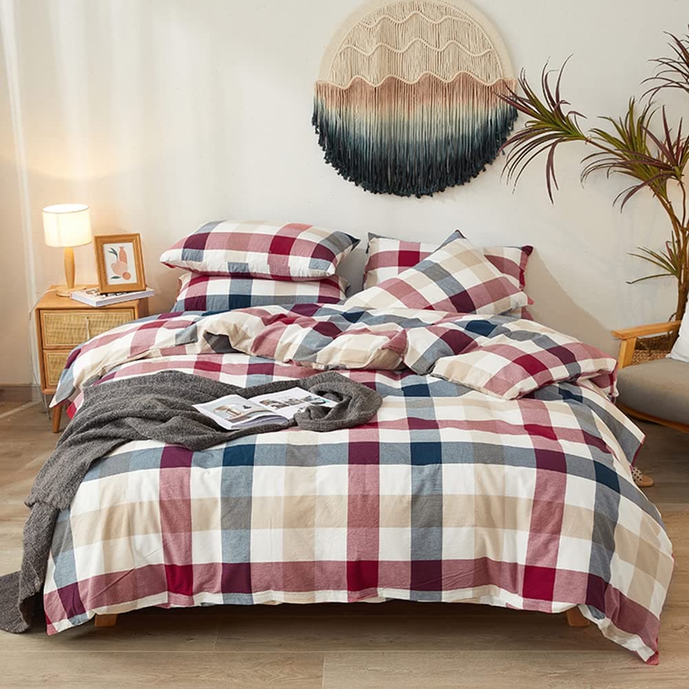 DOUH Plaid Twin Duvet Cover Set - 100% Cotton Full Bedding Set Luxury Hotel Comforter Cover Set 3 Piece Reversible Bedding Collection Twin Size