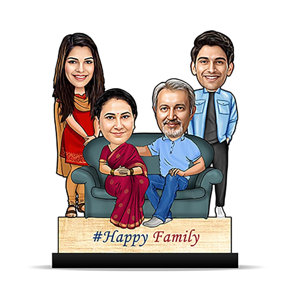 Foto Factory Gifts® Personalized Caricature Gifts for Family of 4 Person Father Mother Son Daughter (wooden_8 inch x 5 inch) CA0287