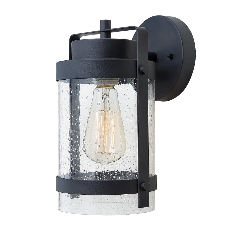 LALUZ 1-Light Wall Sconce, Outdoor Lighting for Porch, Patio, Courtyard, Garden, Black Finish with Seeded Glass Shade