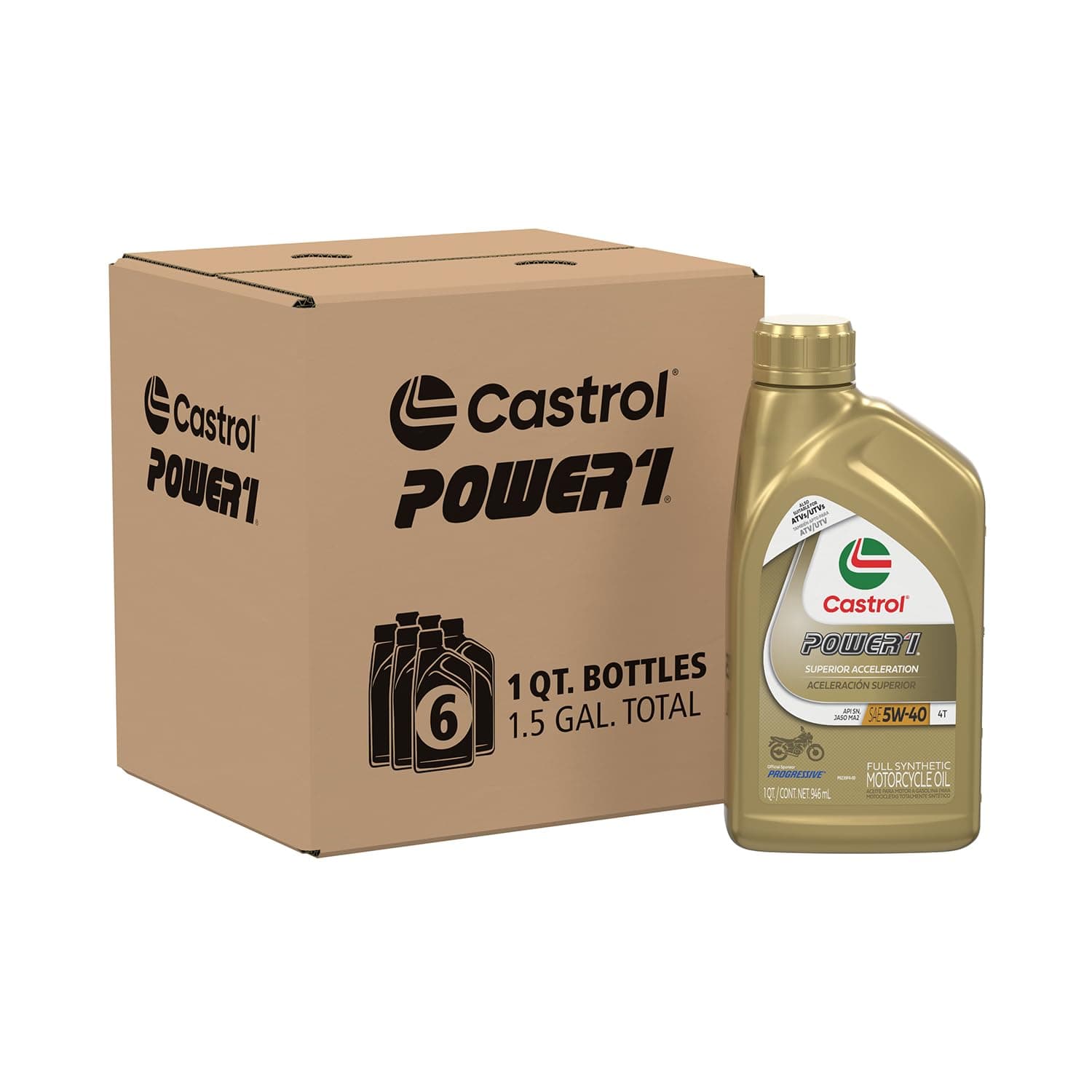 Castrol 06113 Power1 4T 5W-40 Synthetic Motorcycle Oil, 1 Quart Bottle, 6 Pack