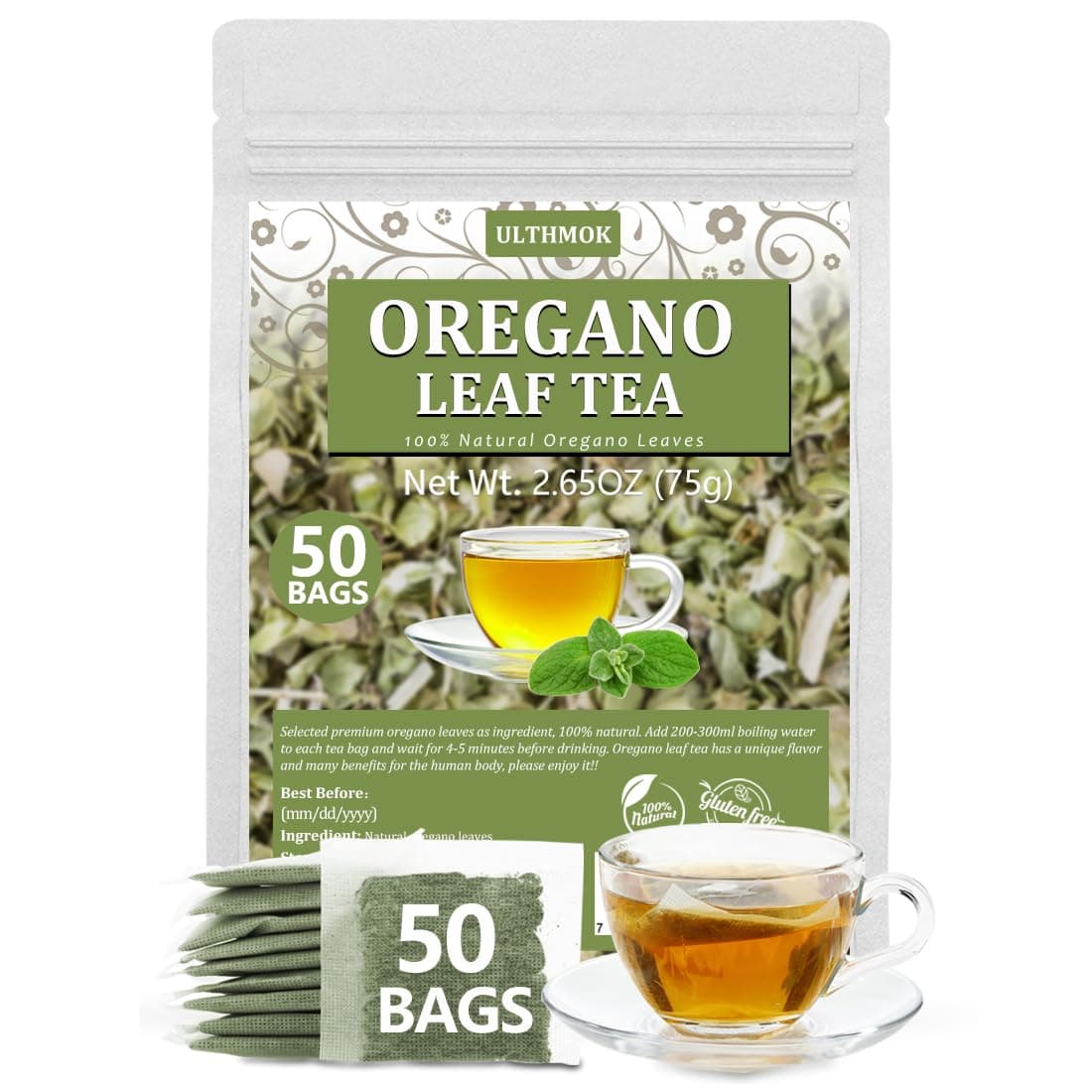 Premium 50 Oregano Tea Bags, Made with 100% Natural Oregano Leaves, No Additives & Caffeine Free.