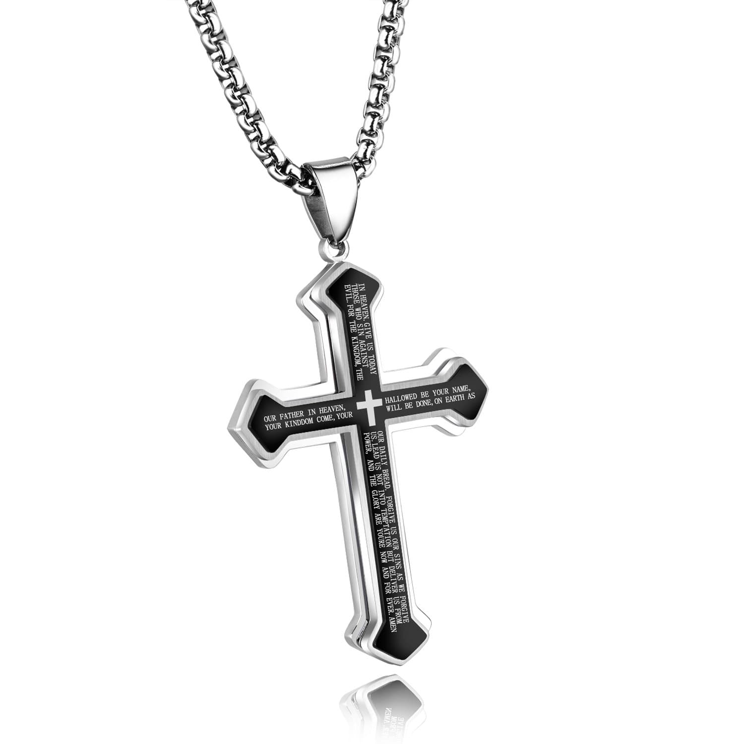 YOO BEPPY Cross Necklace for Men Stainless Steel Pendant Holy Bible Lord's Prayer Jesus Christ Necklace with 24 Inch Chain