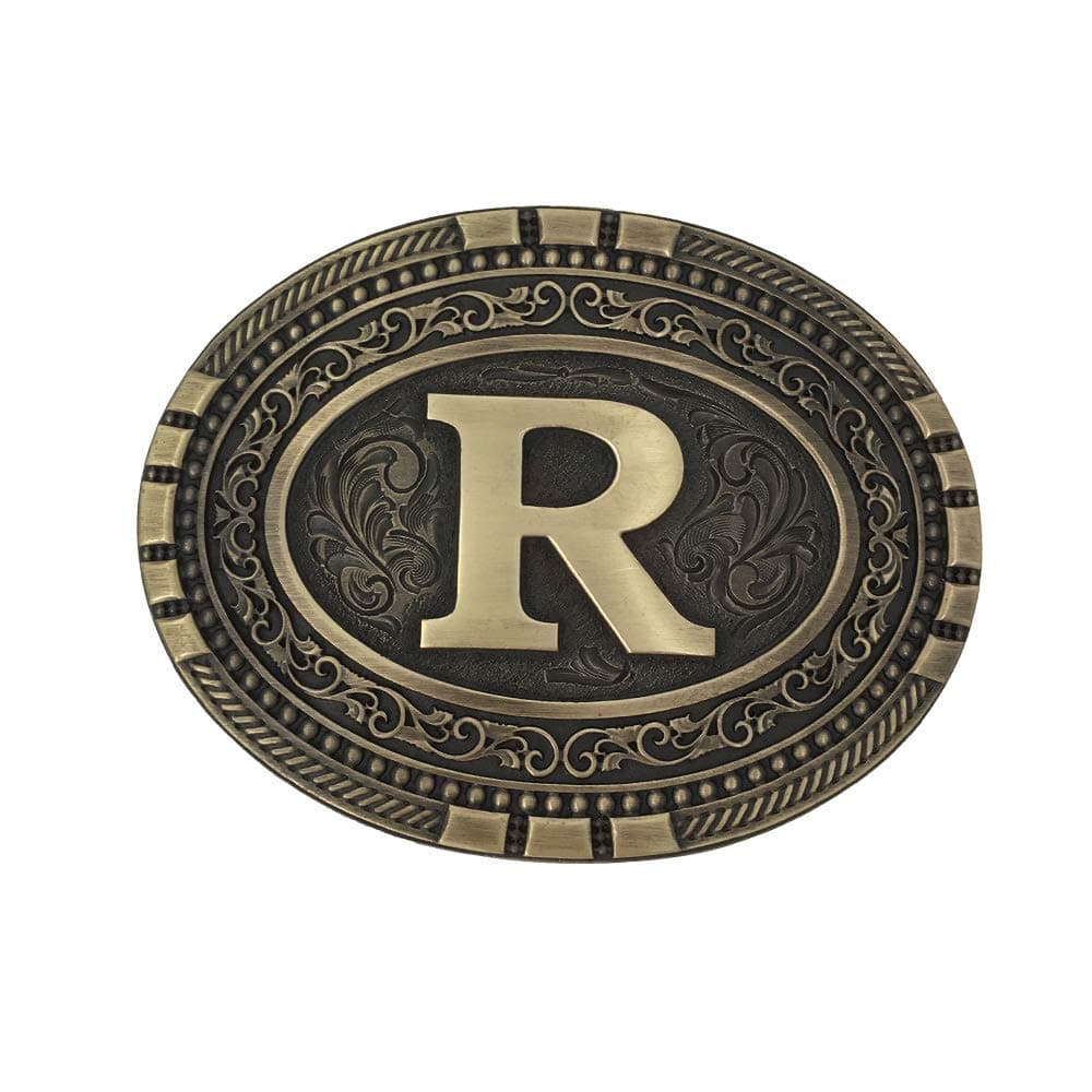 ExosOval Western Brass Cast Filigree Rope Border Initial Belt Buckle