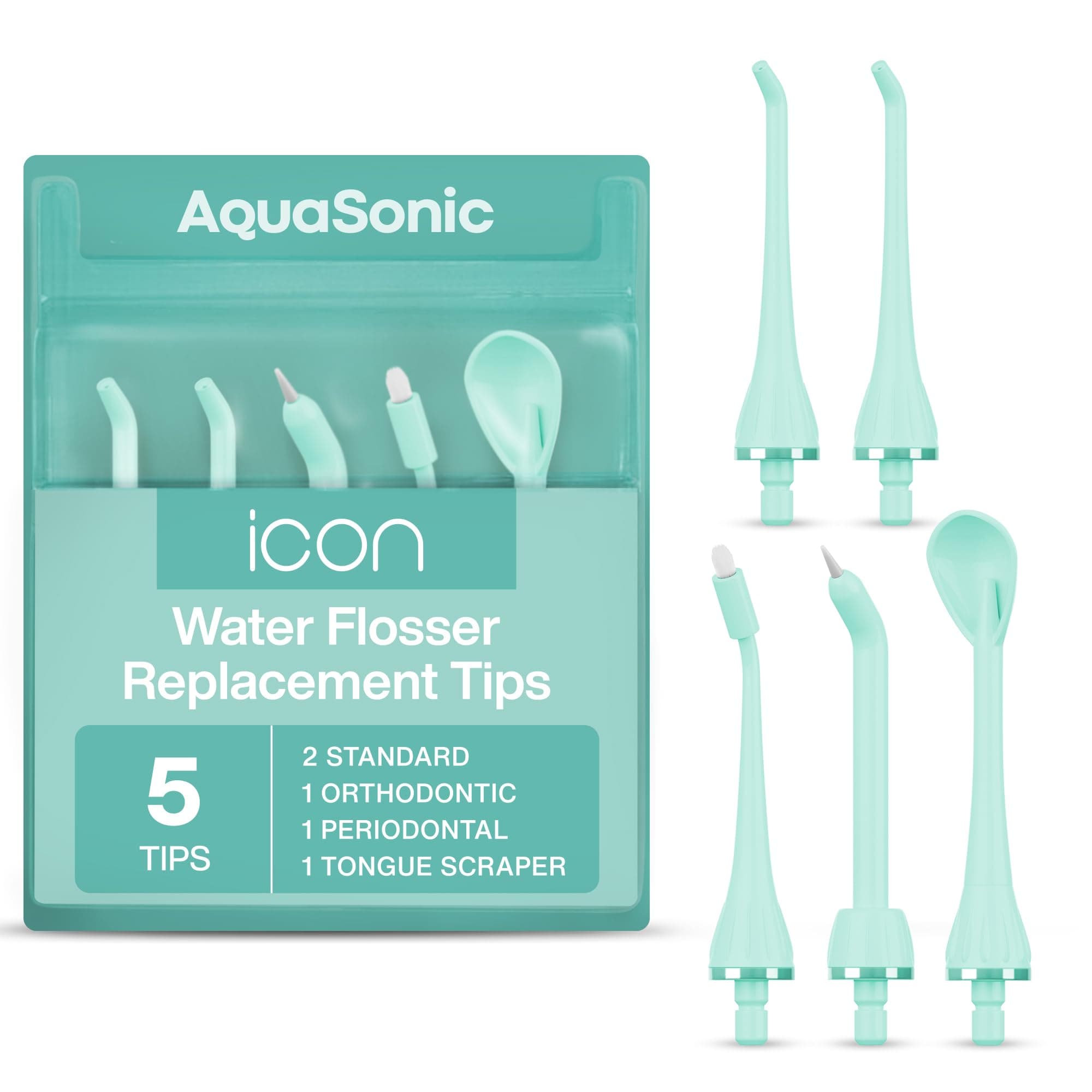 AquasonicIcon Water Flosser Replacement Tips - 5 Tips, 4 Types: Standard, Periodontal, Orthodontic & Tongue Scraper - Genuine, Authentic Parts (Mint)