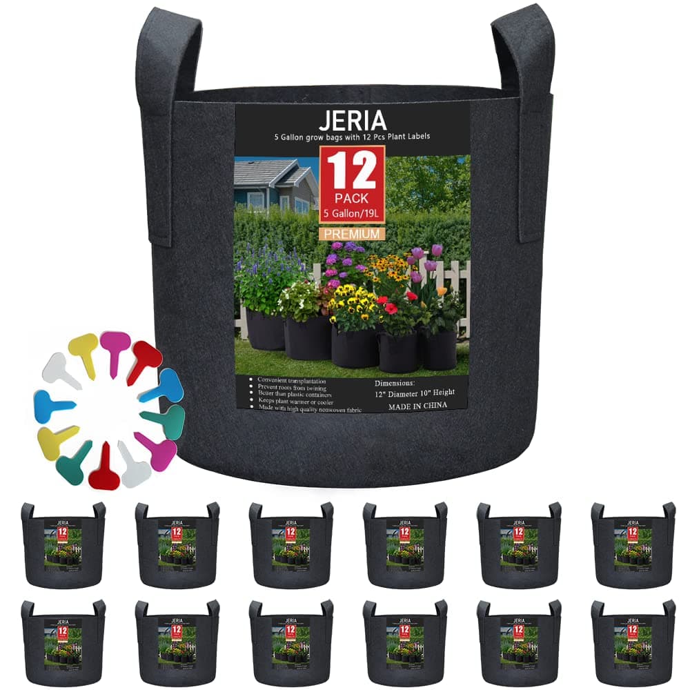 JERIA 12-Pack 5 Gallon Grow Bags, 300G Thickened Nonwoven Garden Pots,Heavy Duty Fabric Pots with Reinforced Handles