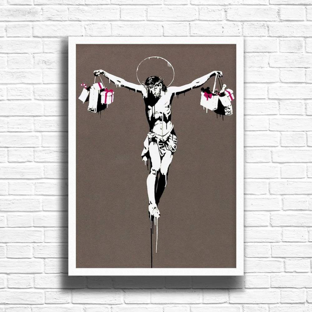Banksy Consumer Jesus Poster, A3 A4 Size Framed Wall Art Print, Inspirational Graffiti Picture, Home Decoration (White, A4)