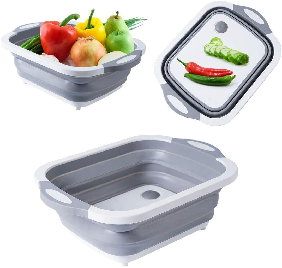 GADGETGEAR 3-in-1 Folding Cutting Board With Basket,Multi-board Kitchen Foldable Cutting Board Fruit Vegetables Washing Drain Sink Storage Basket (Gray)