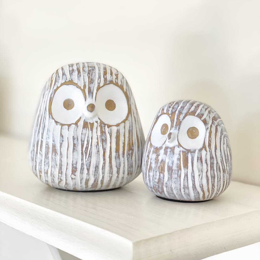 Chubby Night Owl Decor Statue Sculpture, Bookshelf Decor Accents, Boxed Set of 2 Rustic Brown & White (3⅛ & 4⅓ inches) Decorative Figurines