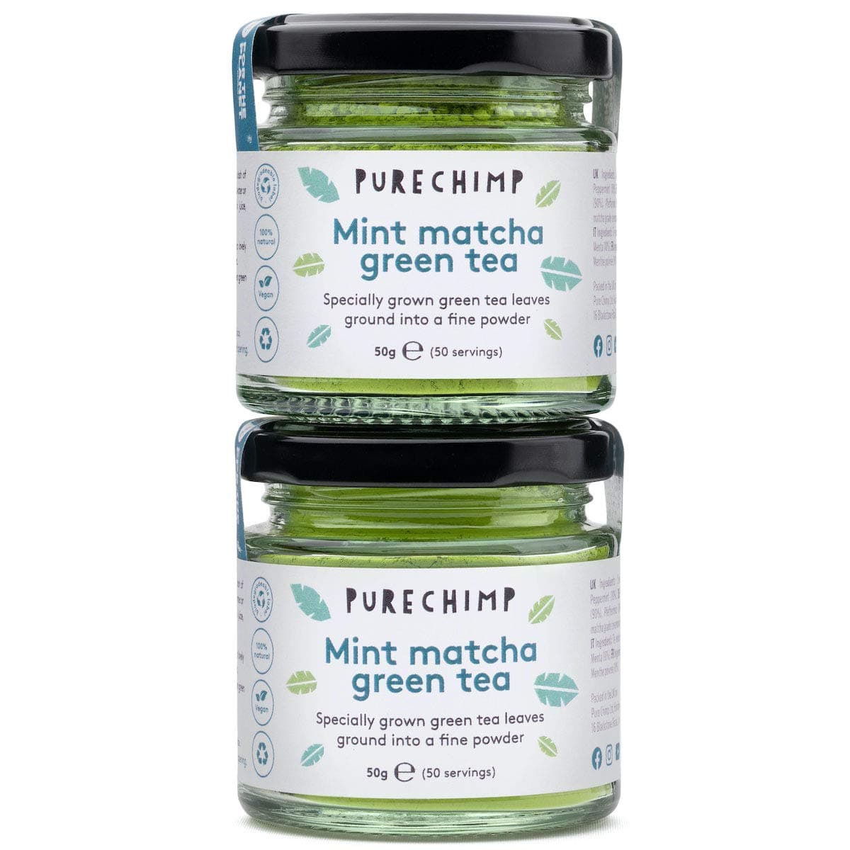 PureChimp Matcha Green Tea Powder | Regular/Lemon/Mint/Turmeric 50g Jars [Packs Of 2] | Ceremonial Grade From Japan | All Natural & Vegan | Pesticide-Free (2 x Mint)