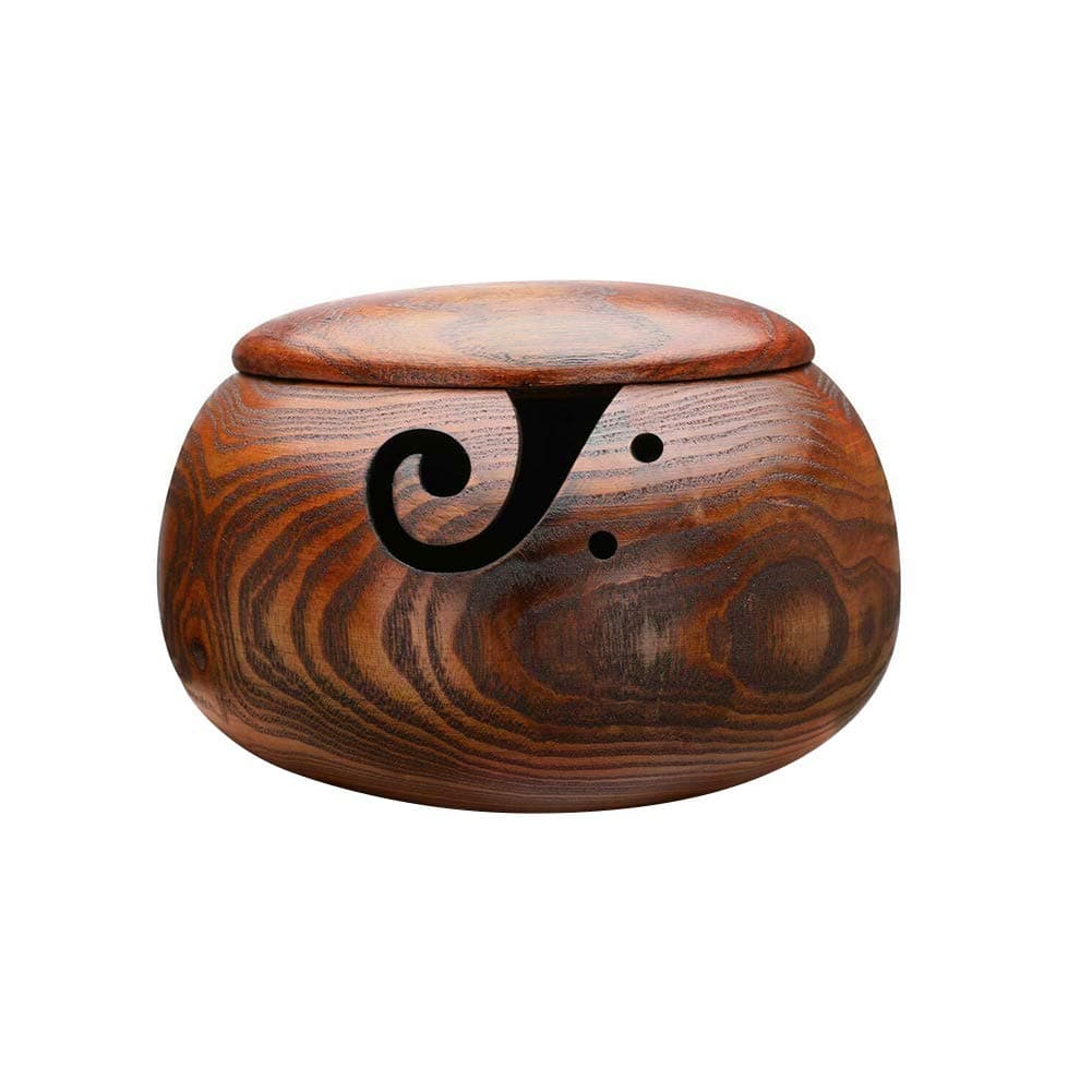 Wooden Yarn Bowl,Handmade Yarn Storage Bowl for Knitting Crochet,Home Needlework Yarn Holder with Removable Lid Knitting Accessories Kit for Women,6.3 x 2.7 inch