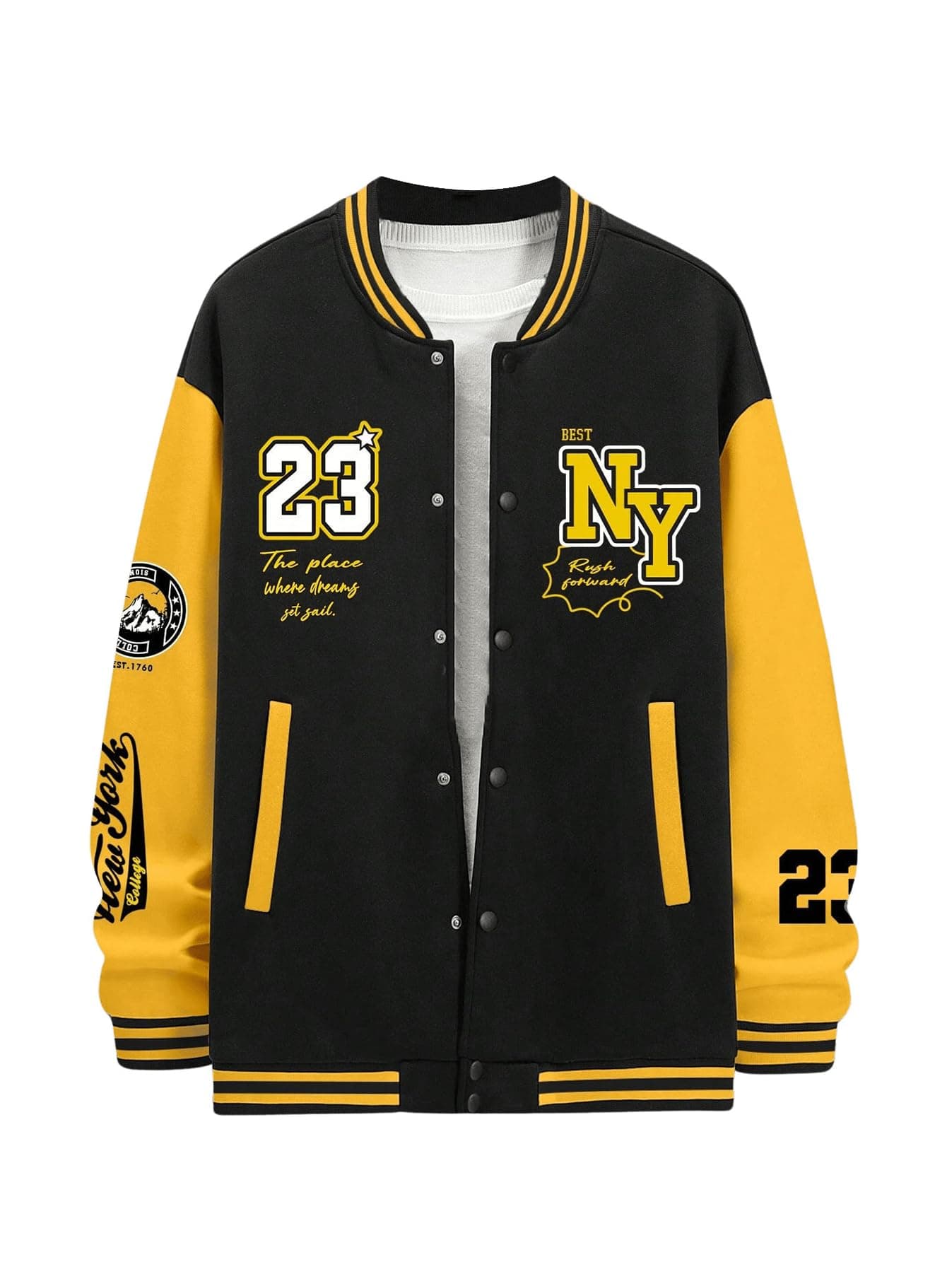 SOLY HUX Men's Graphic Varsity Jacket Color Block Letter Print Long Sleeve Oversized Baseball Jacket Black Letter Medium