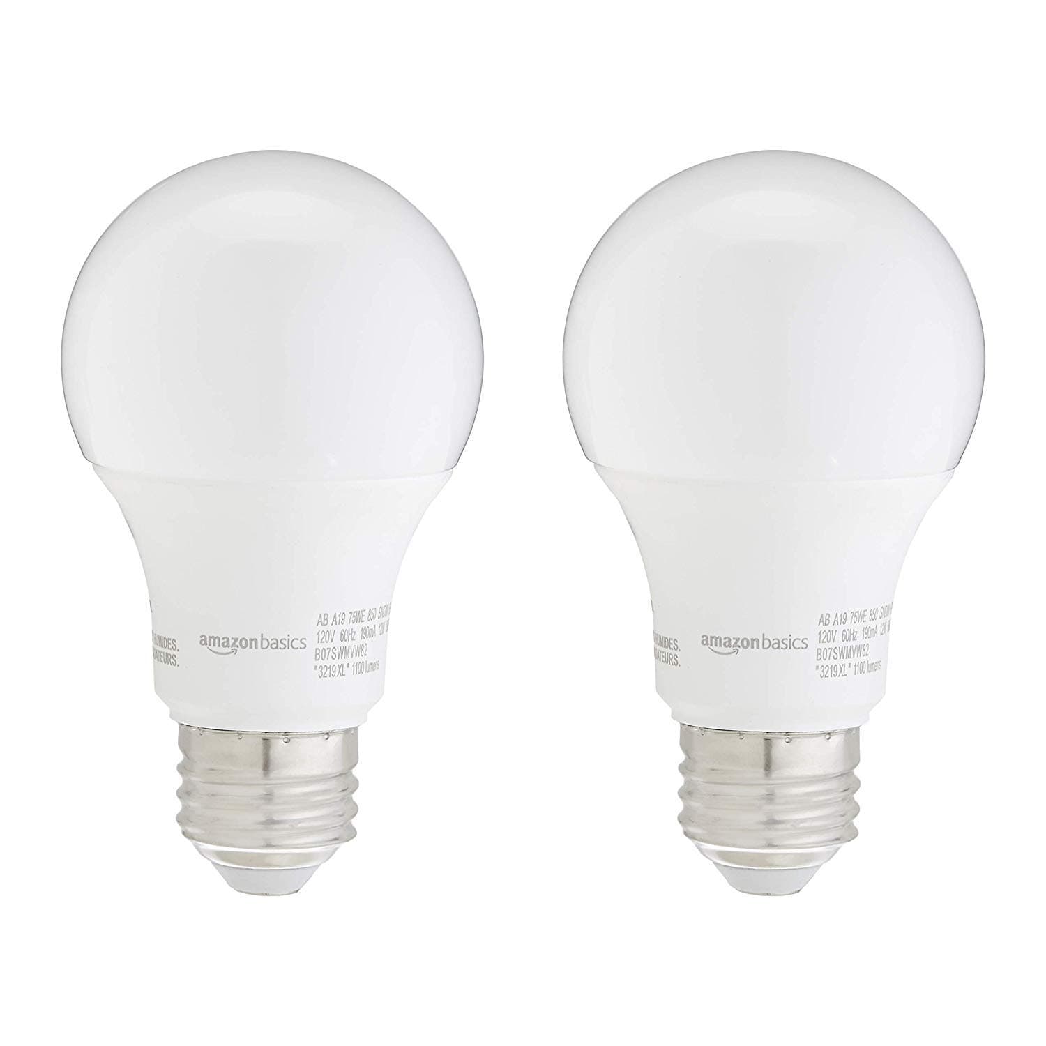 Amazon Basics A19 LED Light Bulbs, 75W Equivalent, Energy Efficient 12W, Daylight White 5000K, Non-Dimmable, 10,000 Hour Lifetime, 2-Pack