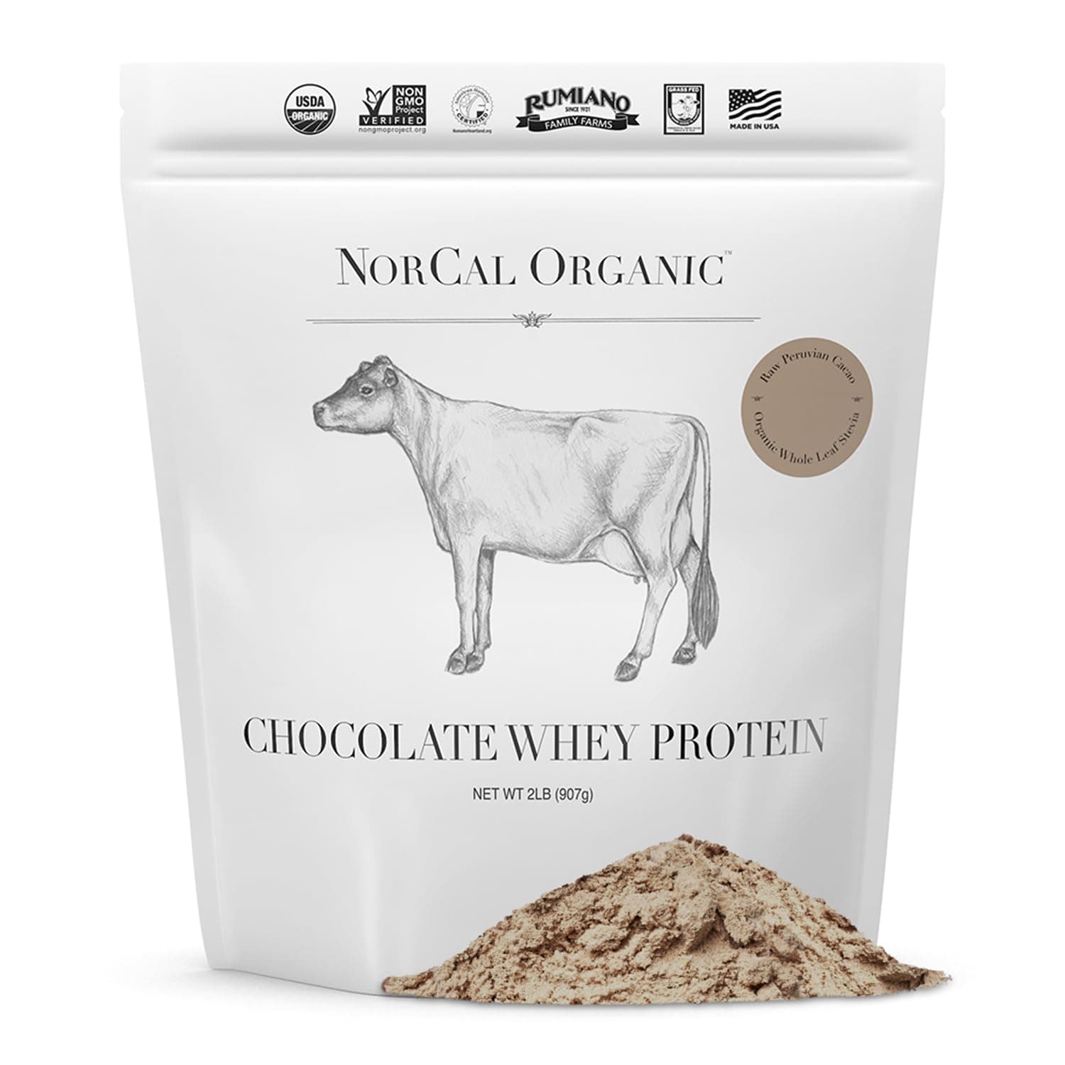 NorCal Chocolate Whey Protein - 2lbs | 100% USA Grass-Fed, USDA Certified | Naturally Flavored with Raw Cacao from California Family Farms