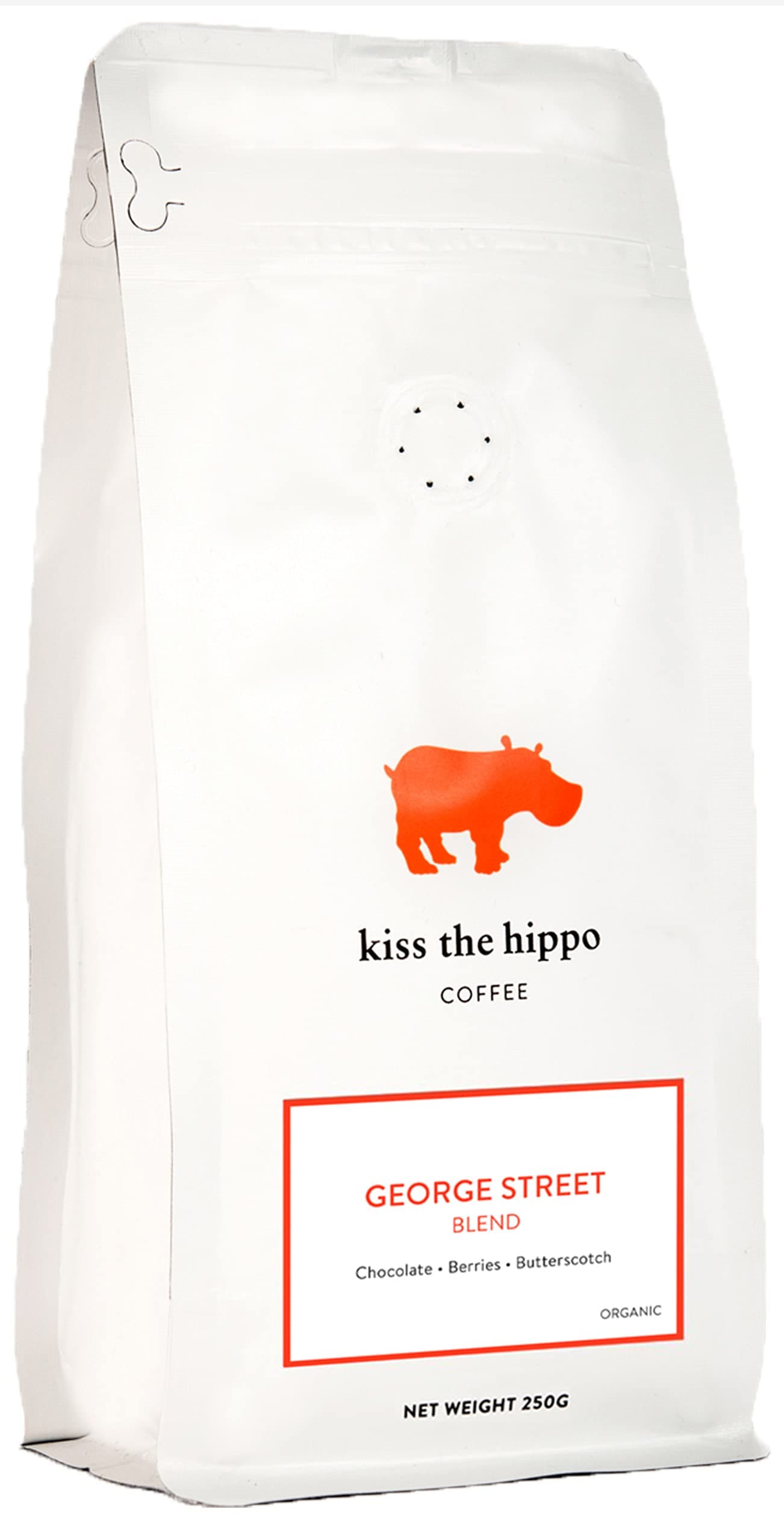 Kiss the Hippo - George Street Blend Coffee| Organic Whole Beans | Carbon-Negative | Cafetiere, Filter | Suitable For Milk Coffee | Notes of Caramel, Red Berry, Chocolate | 250 gr