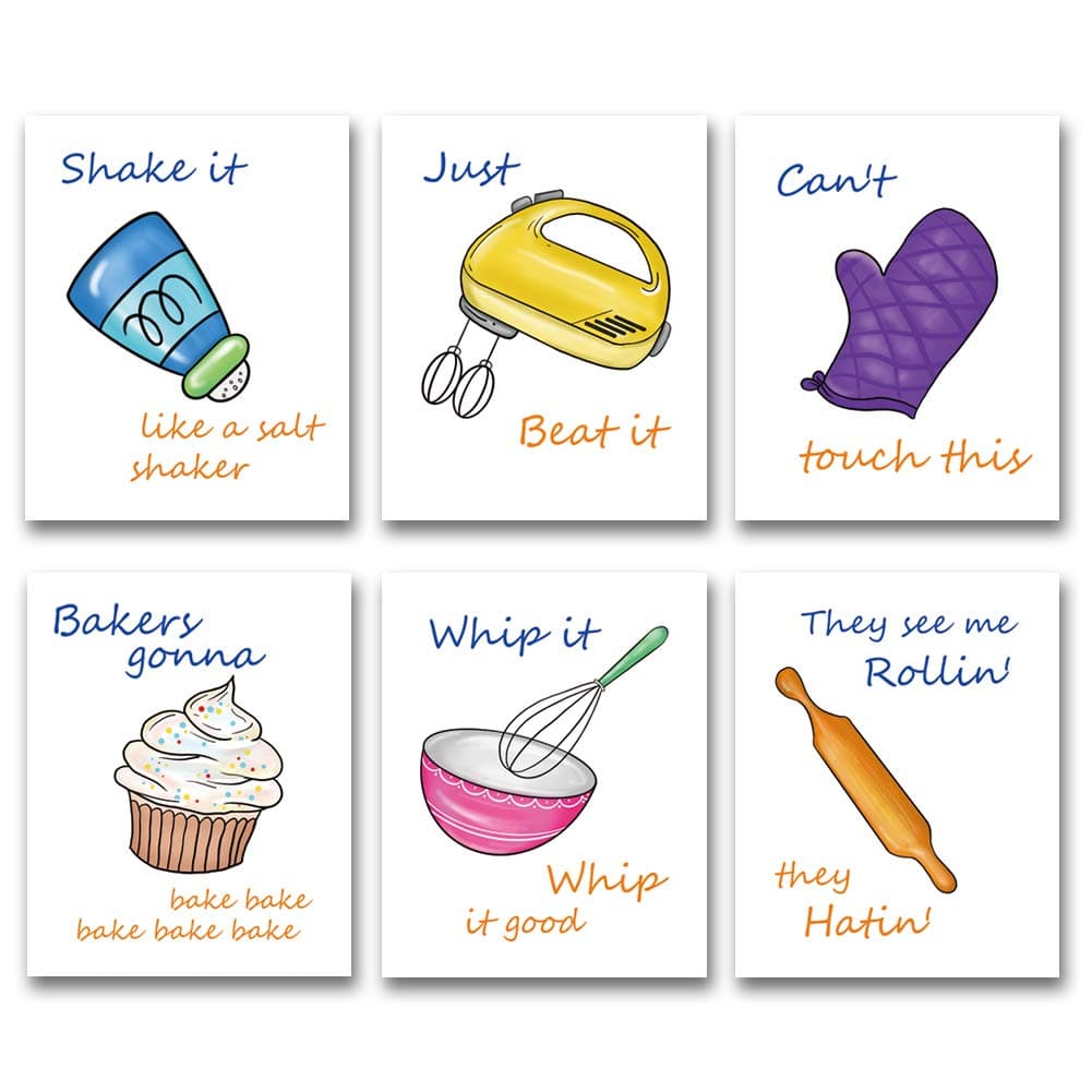 XUN Colorful Kitchen Quote Art Print-- Funny Kitchen Inspirational Signs Canvas Wall Art--(8”X10”X 6 pieces, Unframed)--Perfect for Dinning Room Kitchen Decoration