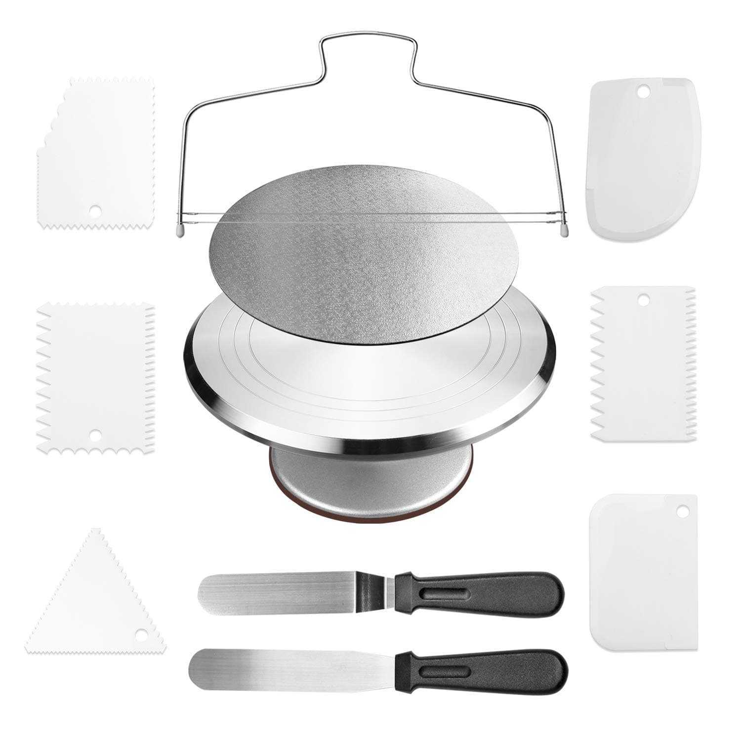 MiecuxCake Decorating Supplies Cake Stand Aluminium Revolving Cake Turntable - 12'' Rotating Cake Decorating Stand with 2 Angled Icing Spatulas and 6 Comb Icing Smoother, Cake Leveler,Cake Board