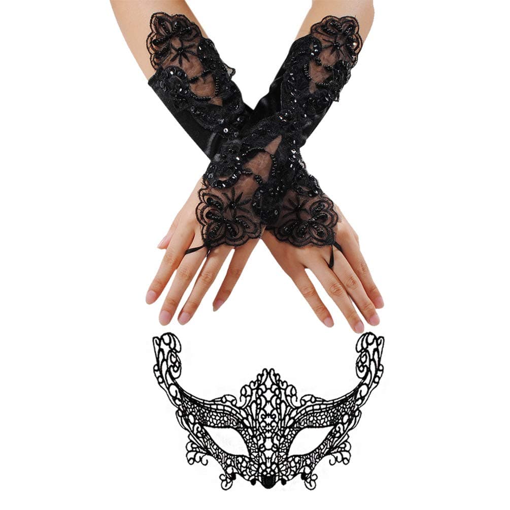 Ciaoed Masquerade Ball Masks for Women With Black Lace Gloves Party Mask Adults,Lady Girl Lace Eye Mask and Fingerless Gothic Gloves,for Prom Halloween/Christmas Carnival Party Fancy Dress - Black