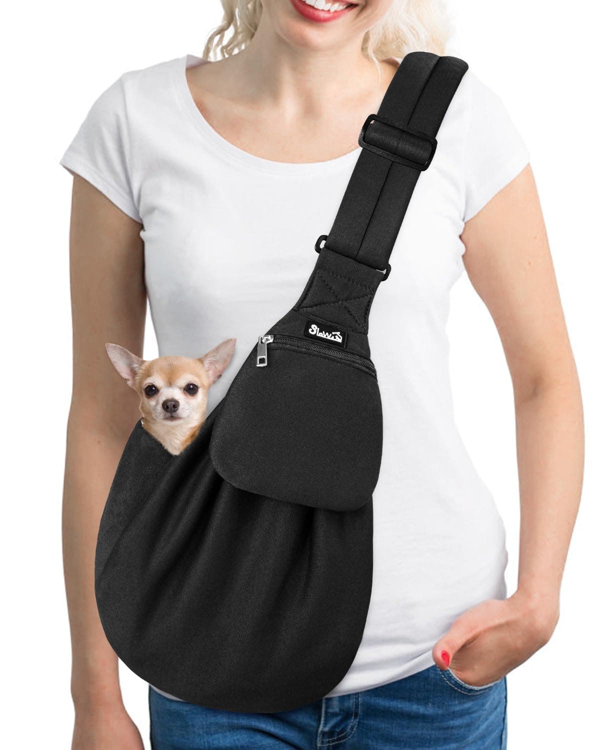 SlowTonDog Carriers for Small Dogs - Thick Padded Adjustable Shoulder Strap Dog Sling Carrier, Puppy Purse for Pet Cat with Front Zipper Pocket Safety Belt Machine Washable (Black Knitted Fabric, S)