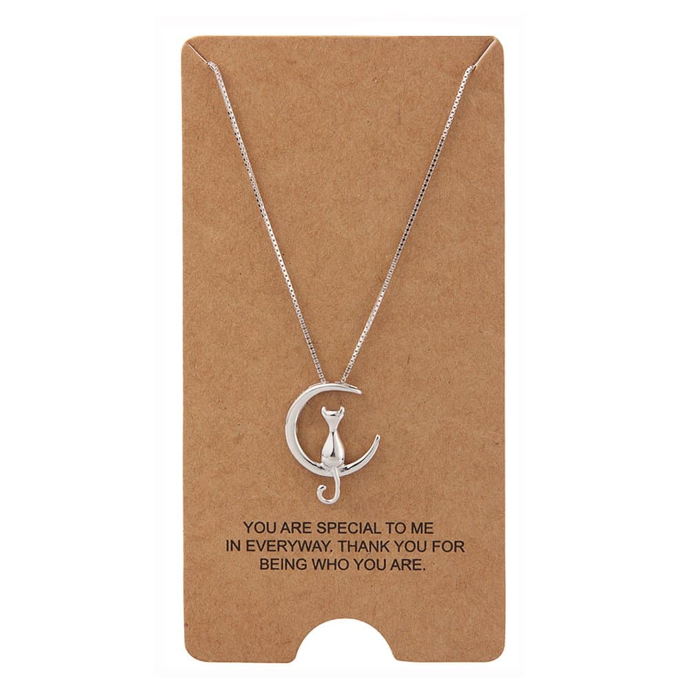 'WRISTCHIE Sterling Silver Jewelry Cat On Moon Pendant Necklace 18'''