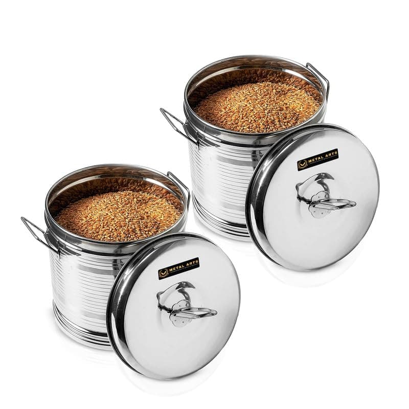 V METAL ARTS Steel Rice Storage Container 5 KG | Grocery Container for Kitchen | Steel Mini Container | Steel Dibba 5KG | Steel Mini Storage Box 5KG | Steel Drum 5KG | Steel Pawali (SET OF 2)