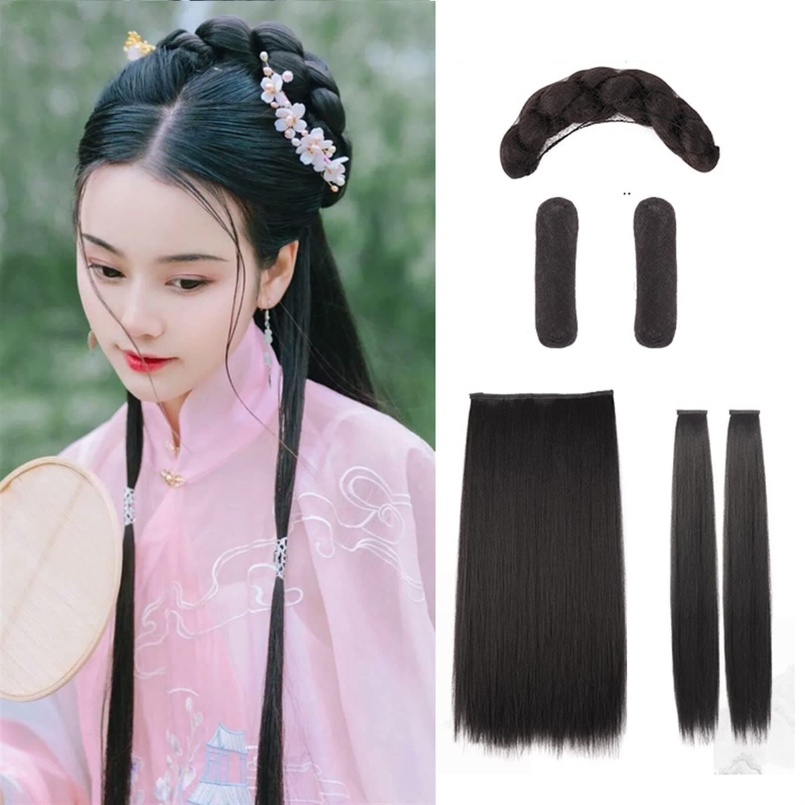 Oligage Synthetic Chinese Traditional Hanfu Wig Hair Bun Retro Black Chignon Fake Ancient Chinese Hair Suit Bun Princess Cosplay (Color : 1B/27HL)