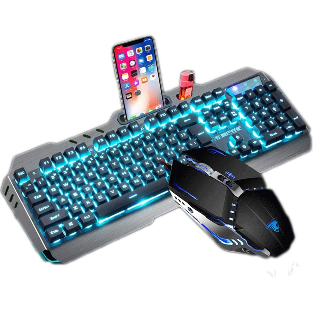 OUKB Mechanical Mouse Keyboard Headset Wired Three-Piece Set Desktop E-Sports Game Alloy Glare (Color : Silver Grey ice Blue Light)