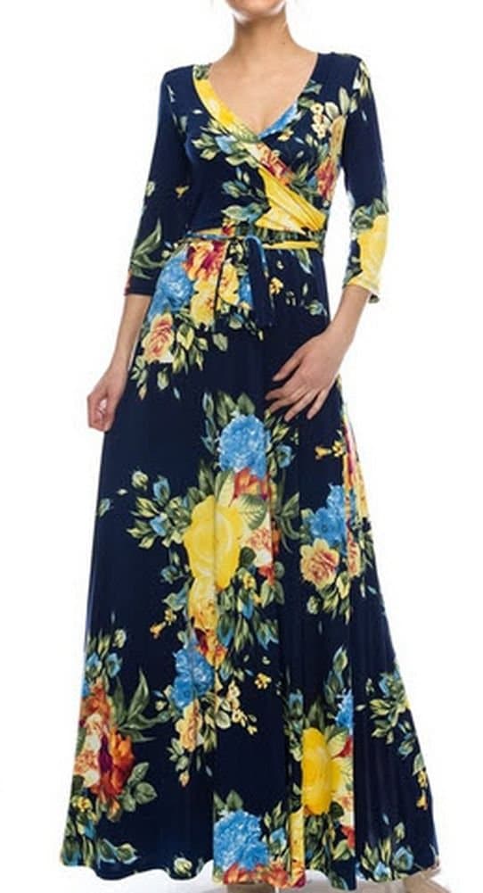 Fashion Navy Yellow 1504 Floral Wrap Bodice Long Maxi Dress