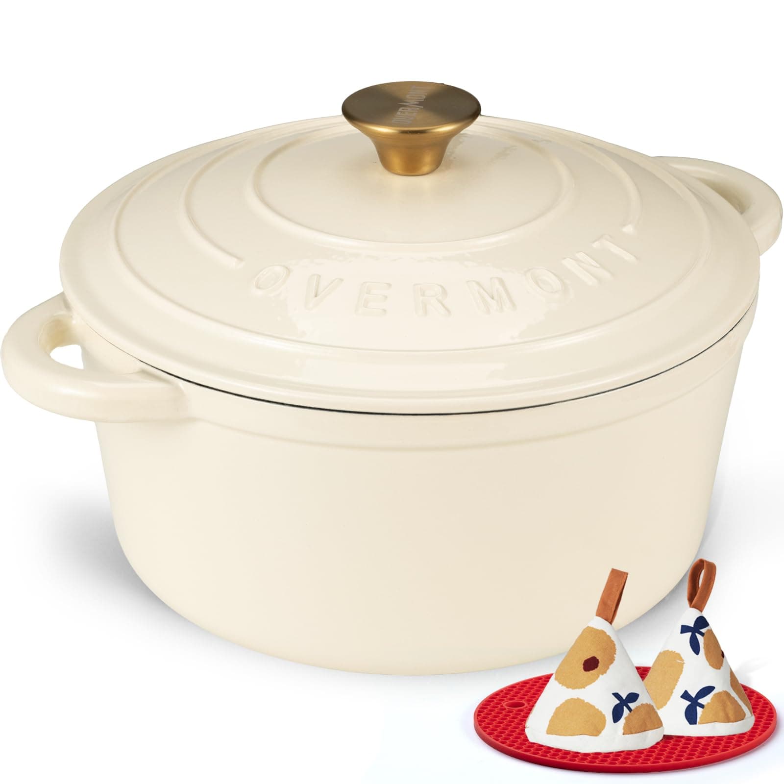 Overmont Enameled Cast Iron Dutch Oven - 7QT Pot with Lid Cookbook & Cotton Potholders - Heavy-Duty Cookware for Braising, Stews, Roasting, Sourdough Baking Cream White