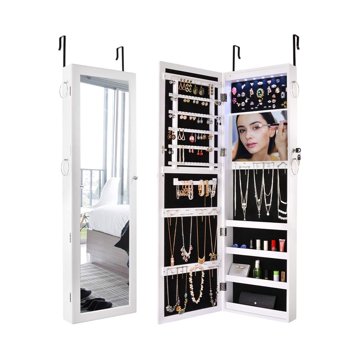 Sunix Mirrored Jewelry Cabinet, Lockable Jewelry Armoire Organizer Wall Door Mounted White
