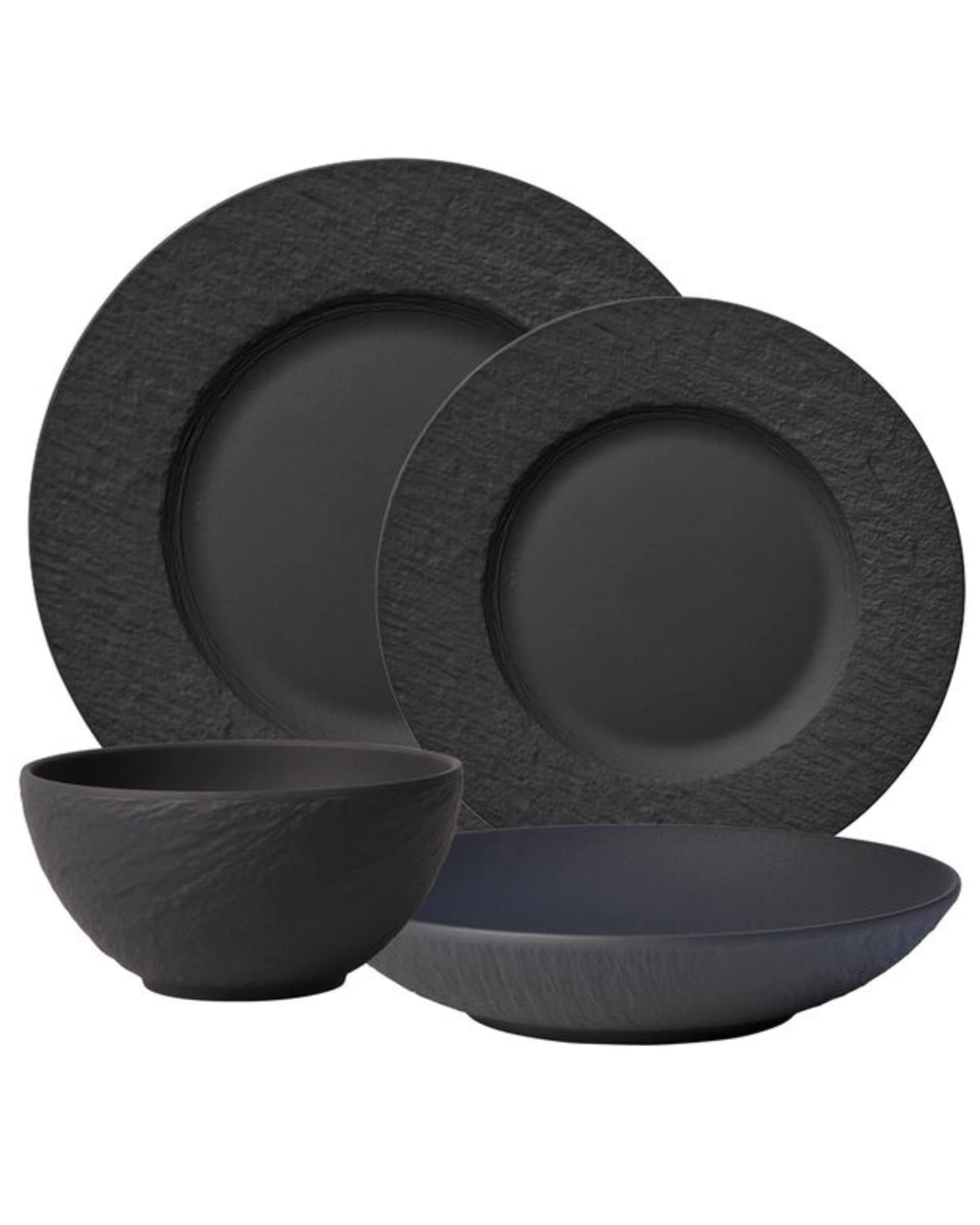 Manufacture Rock 4-Piece Place Setting, Dinner Plate, Salad Plate, Rice Bowl, Pasta Bowl, Premium Porcelain, Made in Germany, Matte Black
