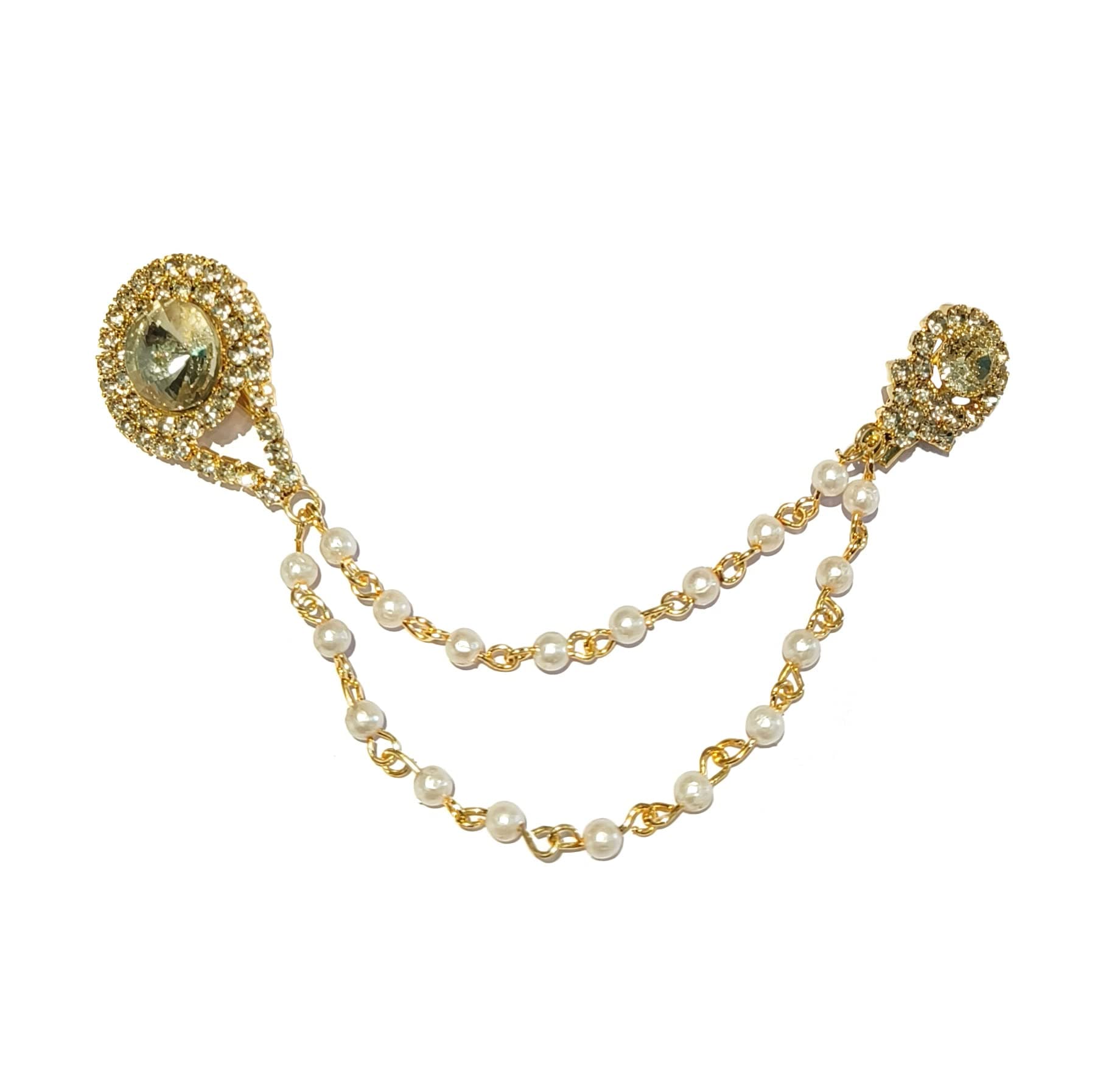 LA BELLEZAGold Plated Unisex Eye Catching Crystal Stone Studded Two Chain Pin Brooch For Boys Men Girls And Women