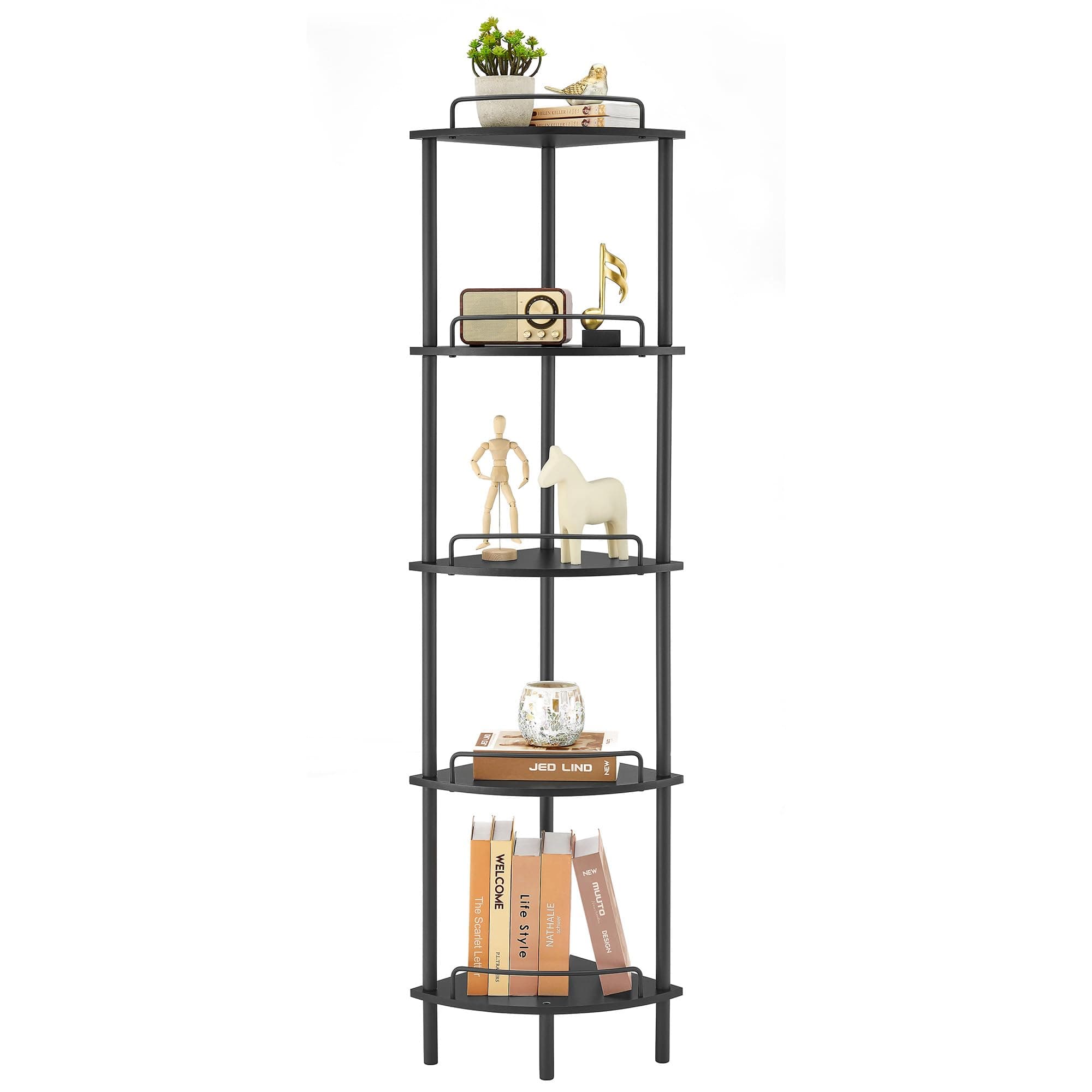 Corner Shelf Stand, 5 Tier Bookshelf With Guardrail, Tall Bathroom Shelves Black Shelving Unit for Bedroom, Small Space-Black